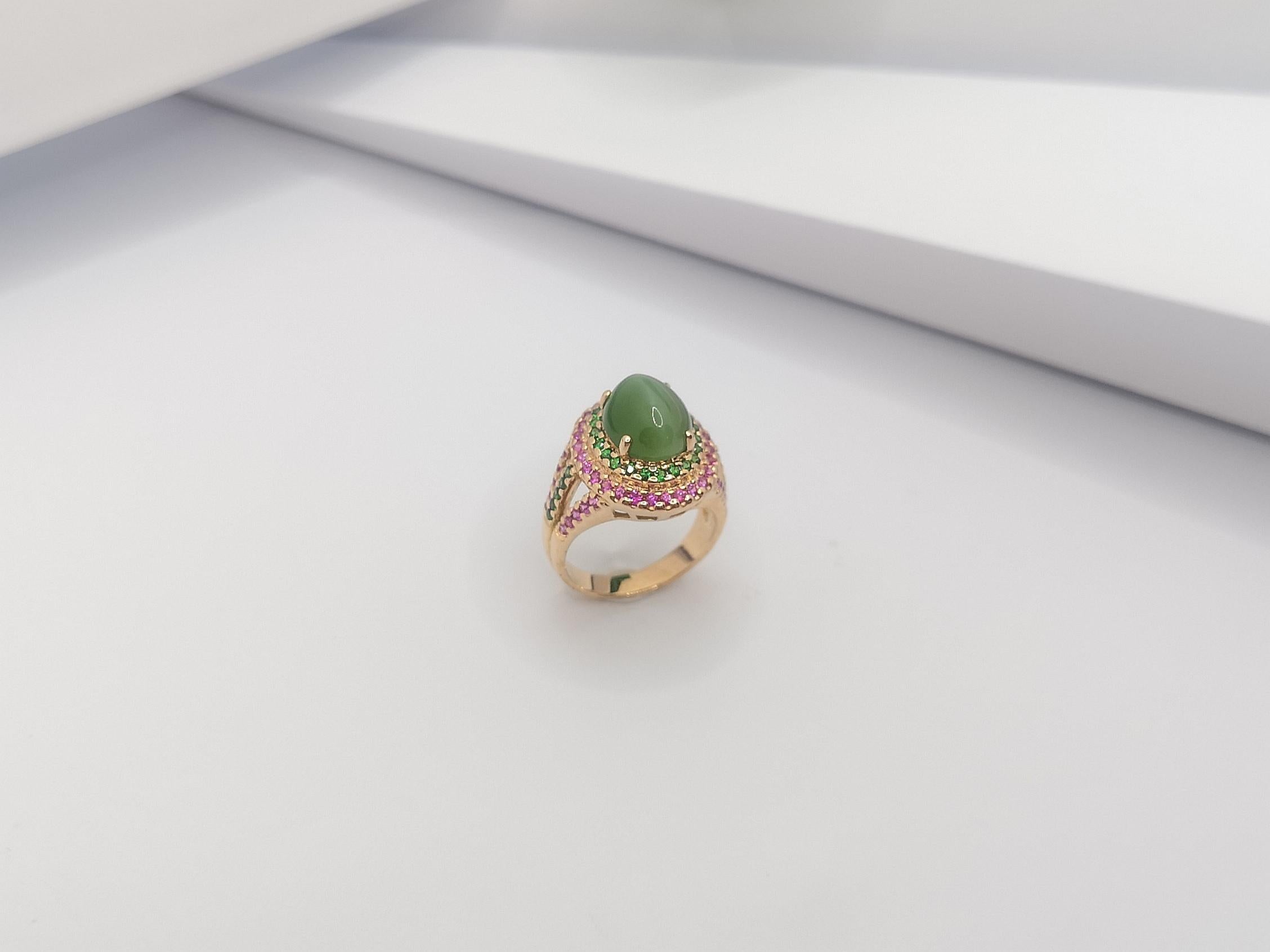 Actinolite Ring mit Katzenauge mit rosa Saphir und Tsavorit aus 18 Karat Roségold 7