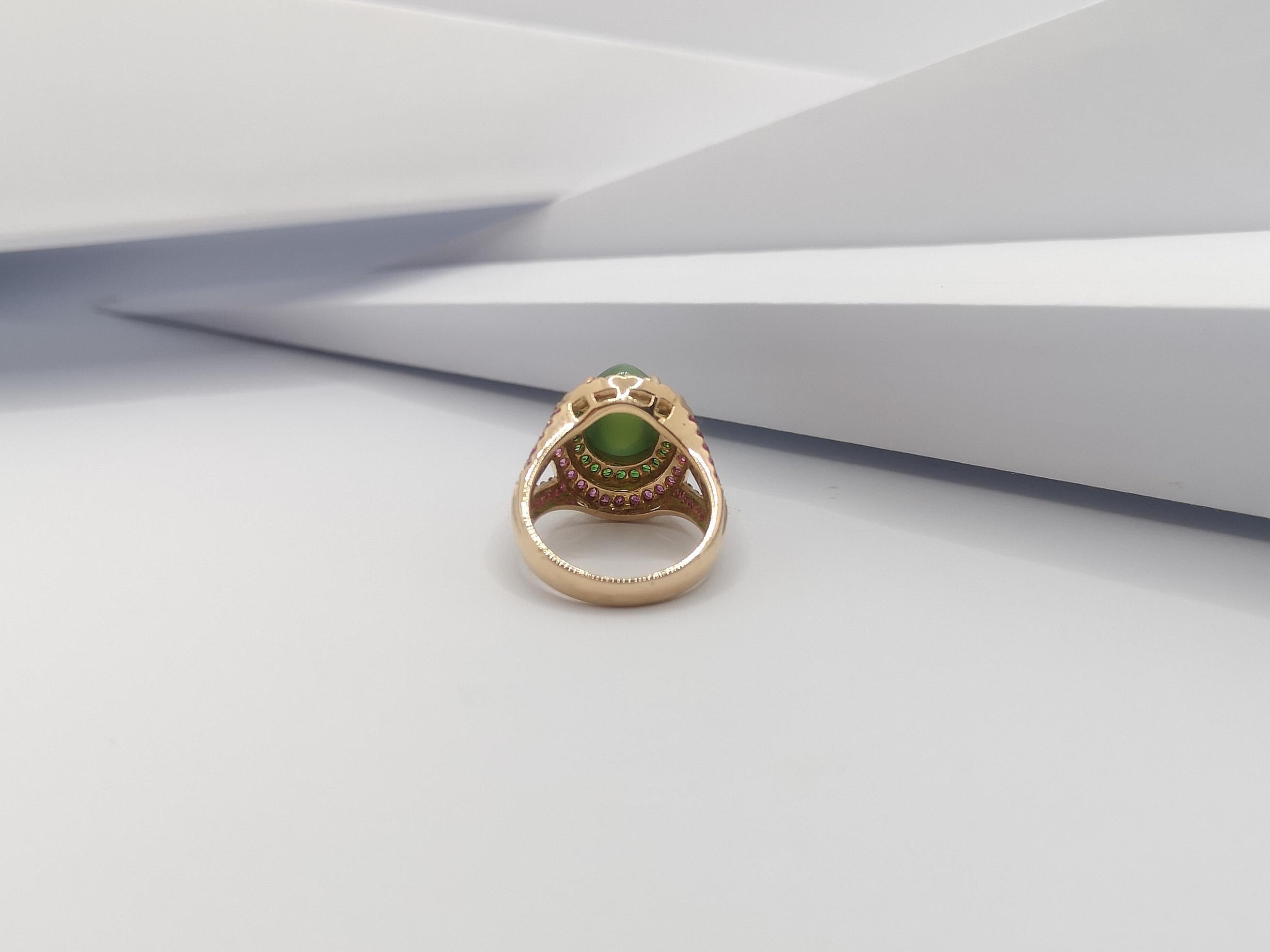 Actinolite Ring mit Katzenauge mit rosa Saphir und Tsavorit aus 18 Karat Roségold 10