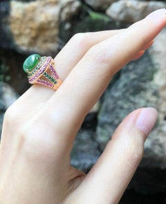 Actinolite Cats Eye with Pink Sapphire and Tsavorite Ring in 18 Karat Rose Gold