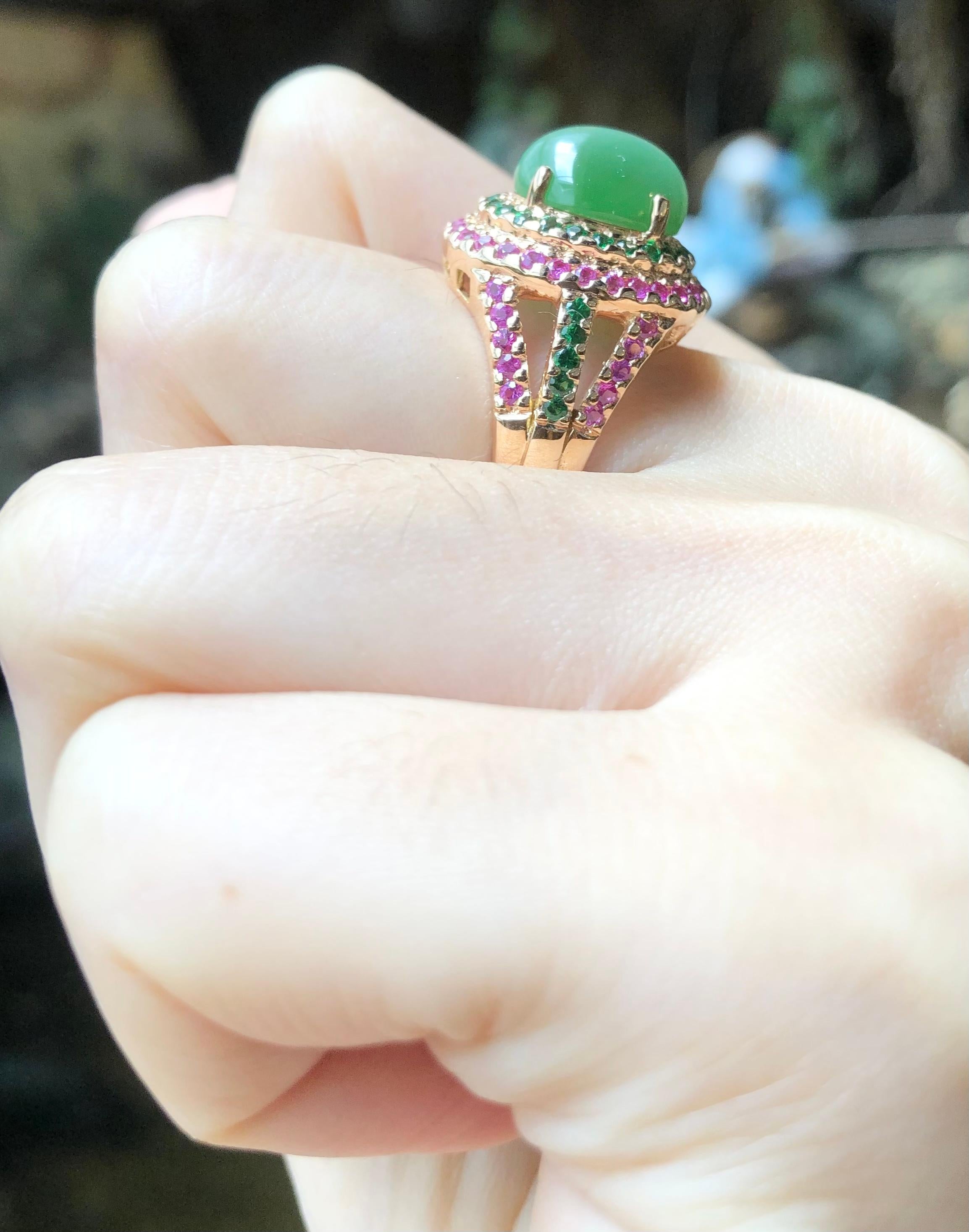 Actinolite Ring mit Katzenauge mit rosa Saphir und Tsavorit aus 18 Karat Roségold (Cabochon)