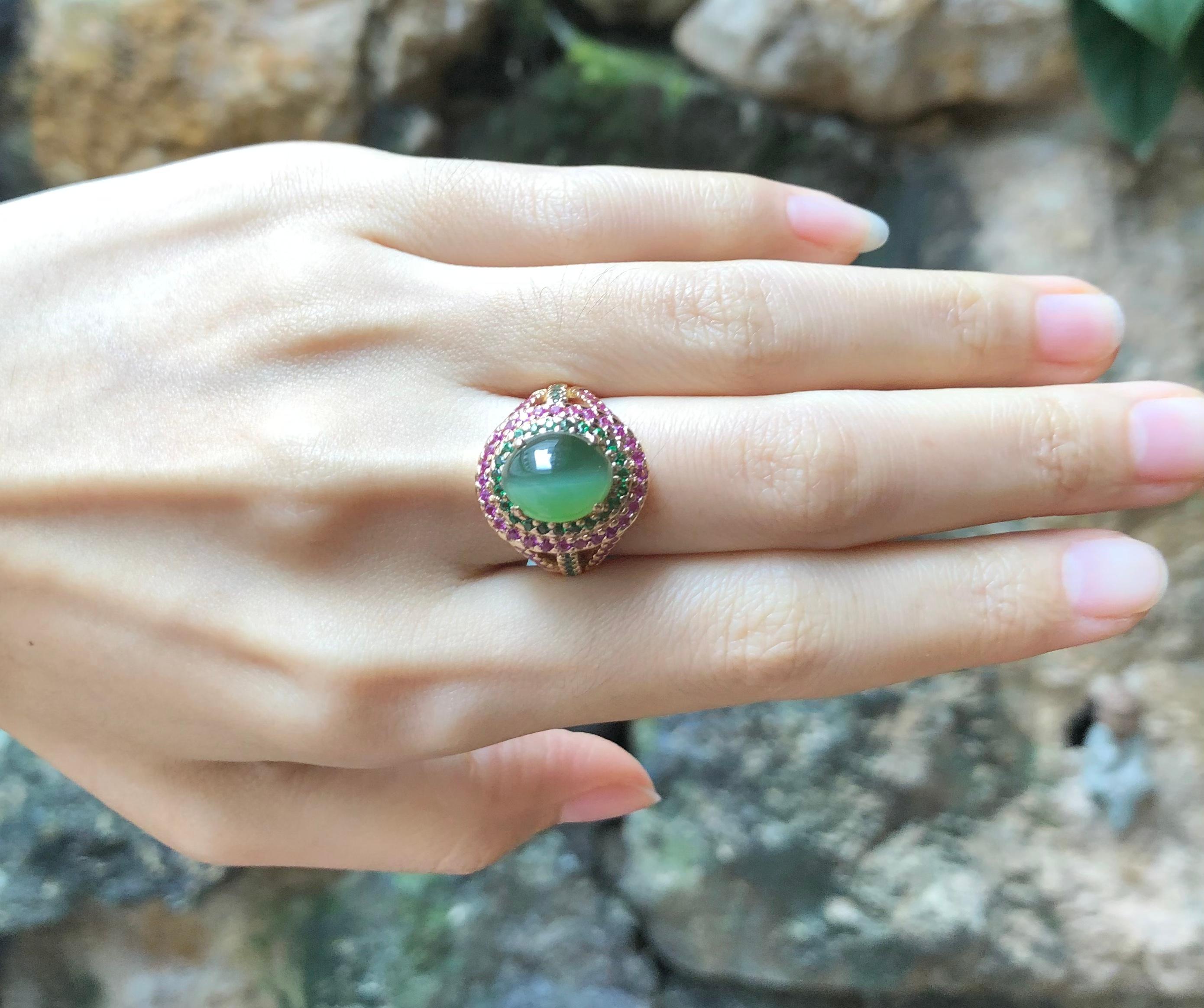 Actinolite Ring mit Katzenauge mit rosa Saphir und Tsavorit aus 18 Karat Roségold Damen