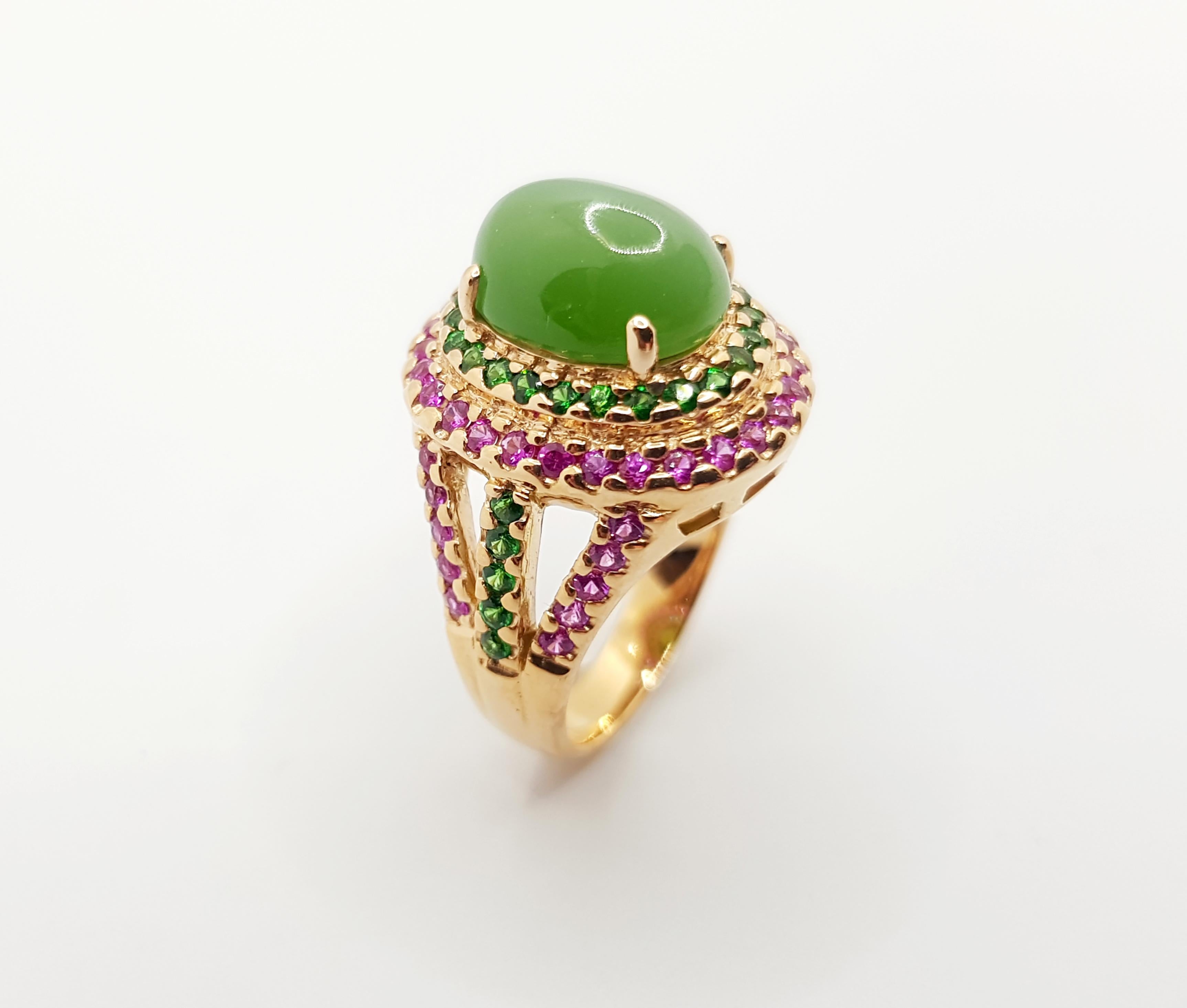 Actinolite Ring mit Katzenauge mit rosa Saphir und Tsavorit aus 18 Karat Roségold 3