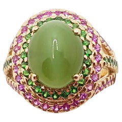 Actinolite Cats Eye with Pink Sapphire and Tsavorite Ring in 18 Karat Rose Gold