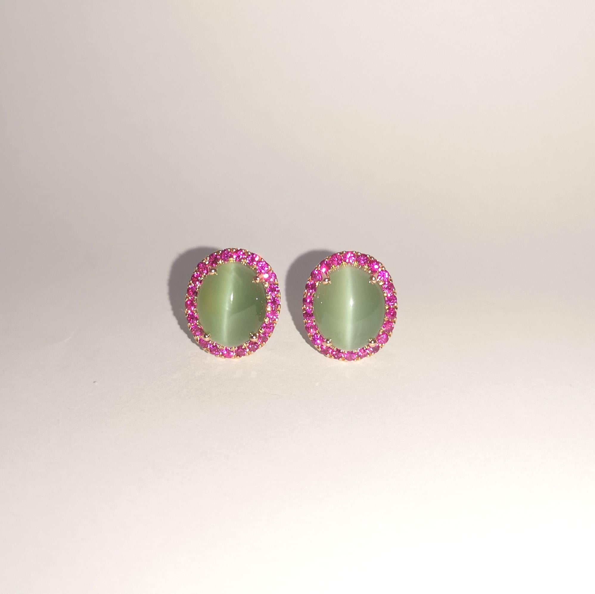 Donna Orecchini con occhio di gatto in actinolite e zaffiro rosa con montatura in oro rosa 18 carati in vendita