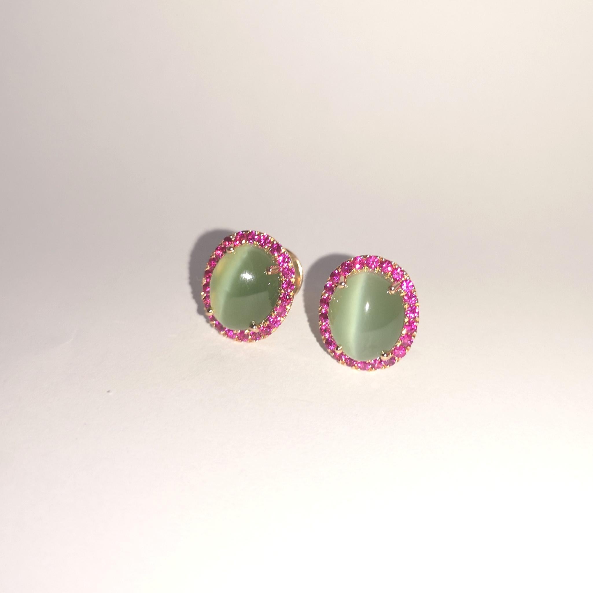 Orecchini con occhio di gatto in actinolite e zaffiro rosa con montatura in oro rosa 18 carati in vendita 2