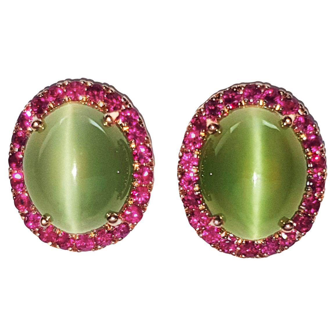 Actinolite Cat's Eye with Pink Sapphire Earrings set in 18K Rose Gold Settings