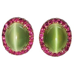 Actinolite Cat's Eye with Pink Sapphire Earrings set in 18K Rose Gold Settings