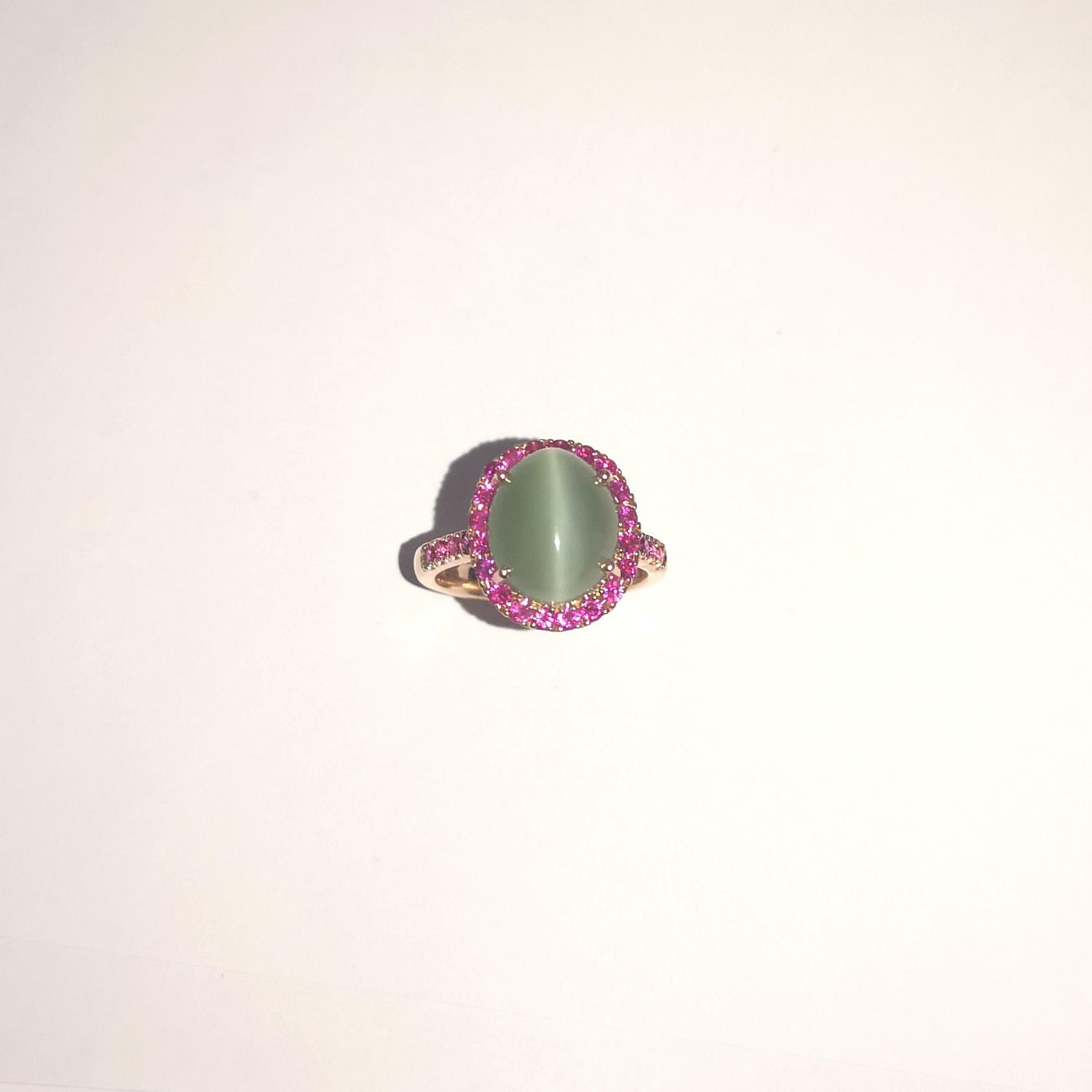 Actinolite Cat's Eye with Pink Sapphire Ring set in 18K Rose Gold Settings For Sale 7