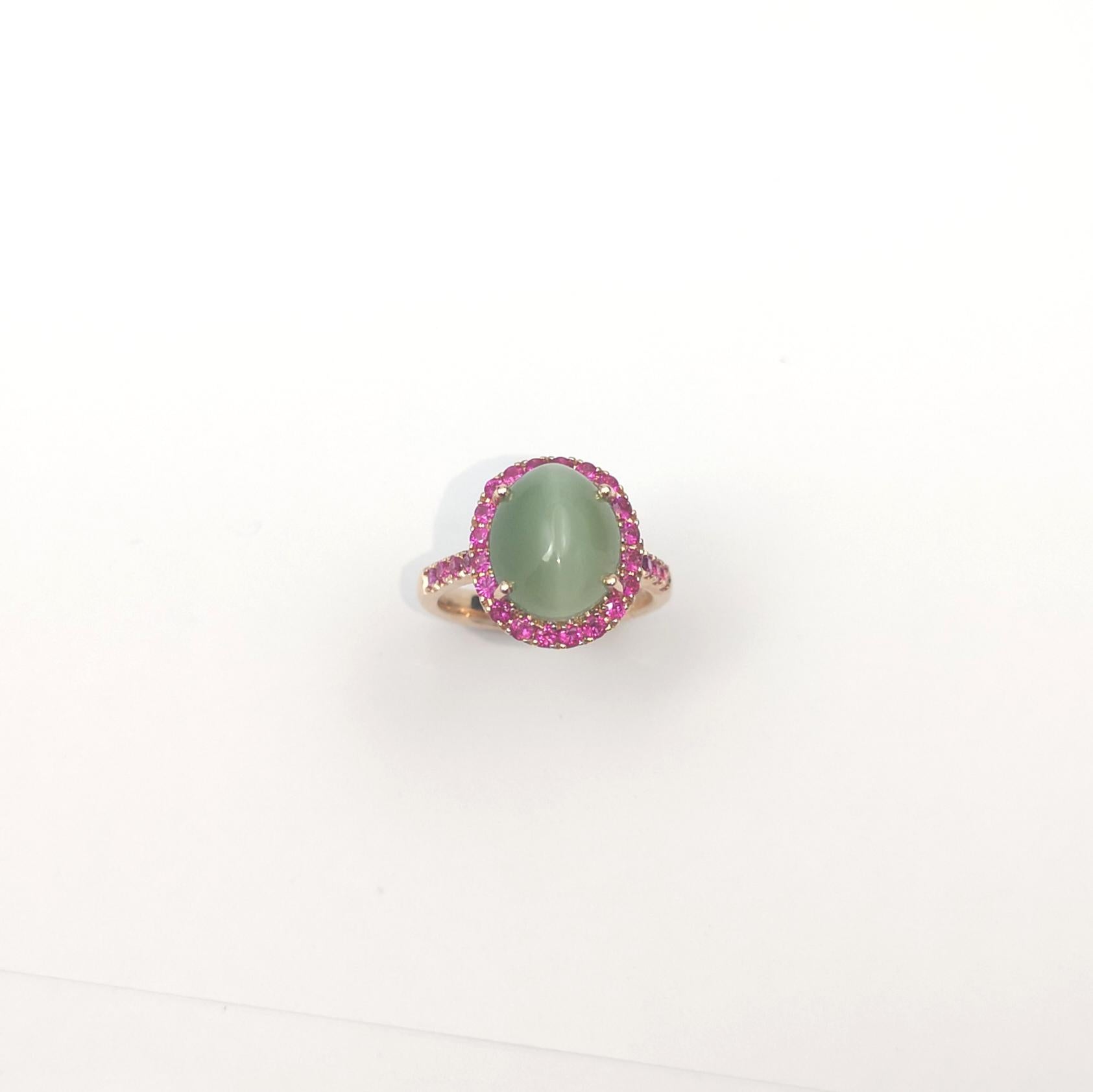 Actinolite Cat's Eye with Pink Sapphire Ring set in 18K Rose Gold Settings For Sale 8