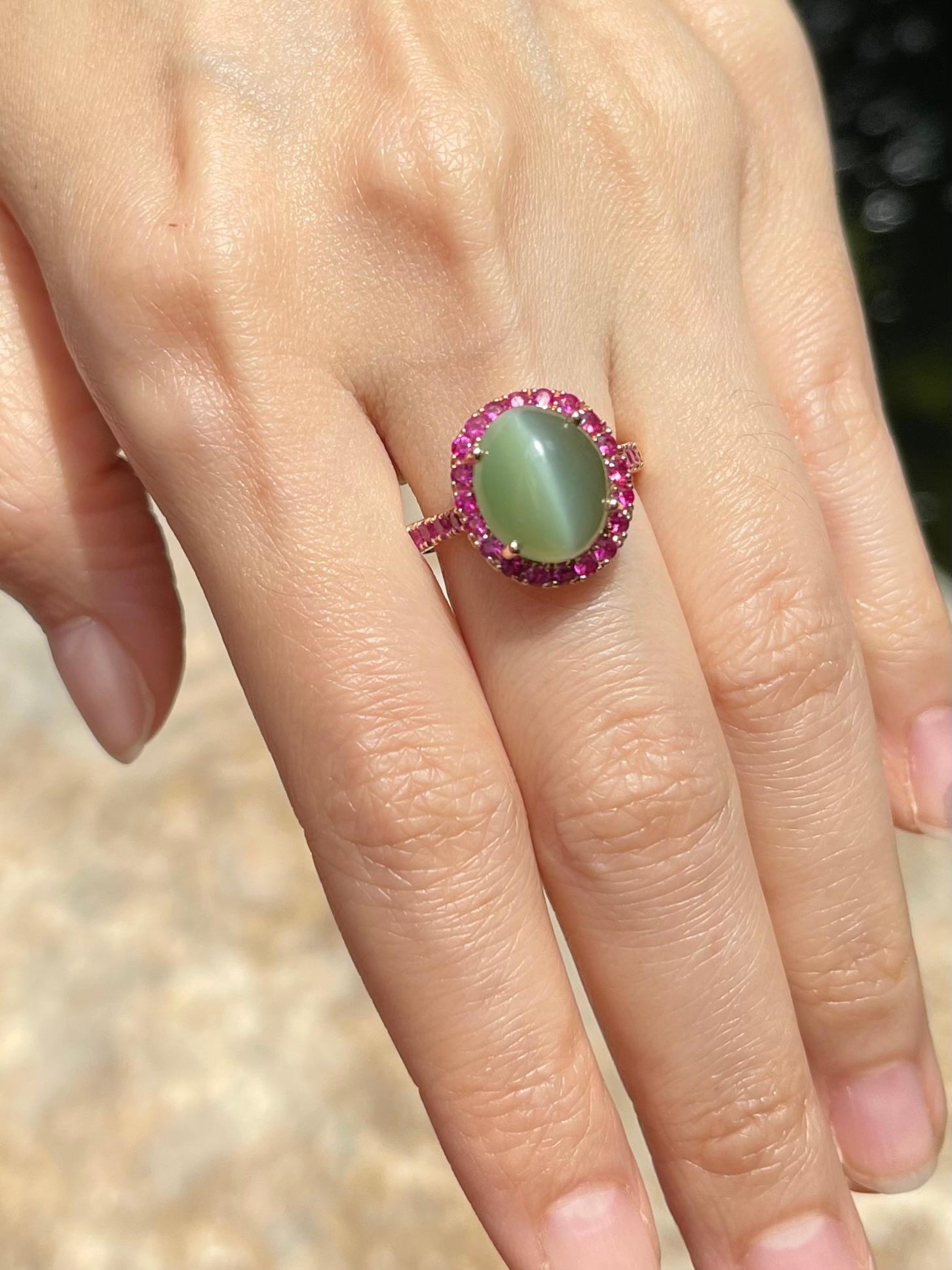 Cabochon Actinolite Cat's Eye with Pink Sapphire Ring set in 18K Rose Gold Settings For Sale