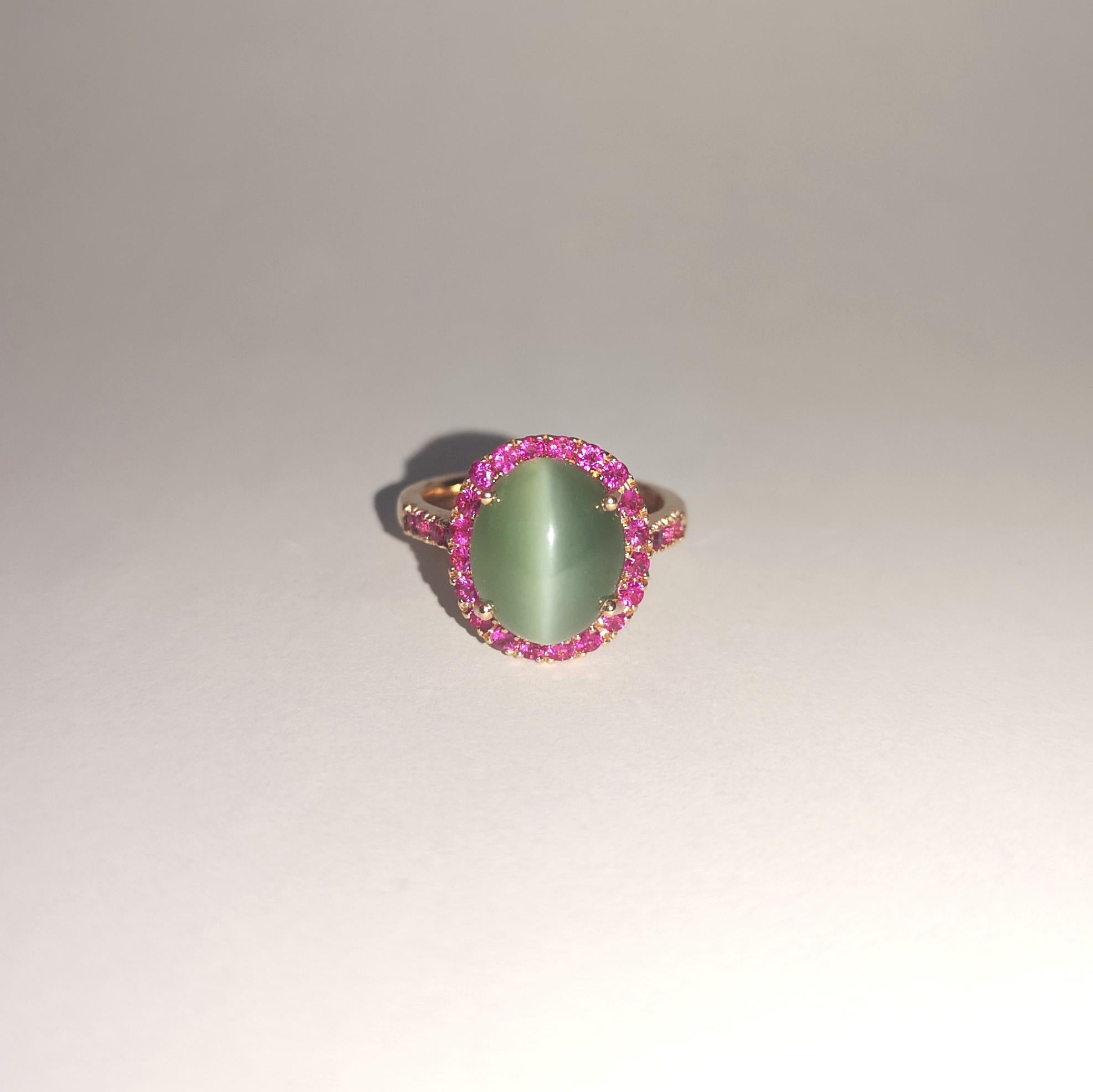 Actinolite Cat's Eye with Pink Sapphire Ring set in 18K Rose Gold Settings For Sale 2