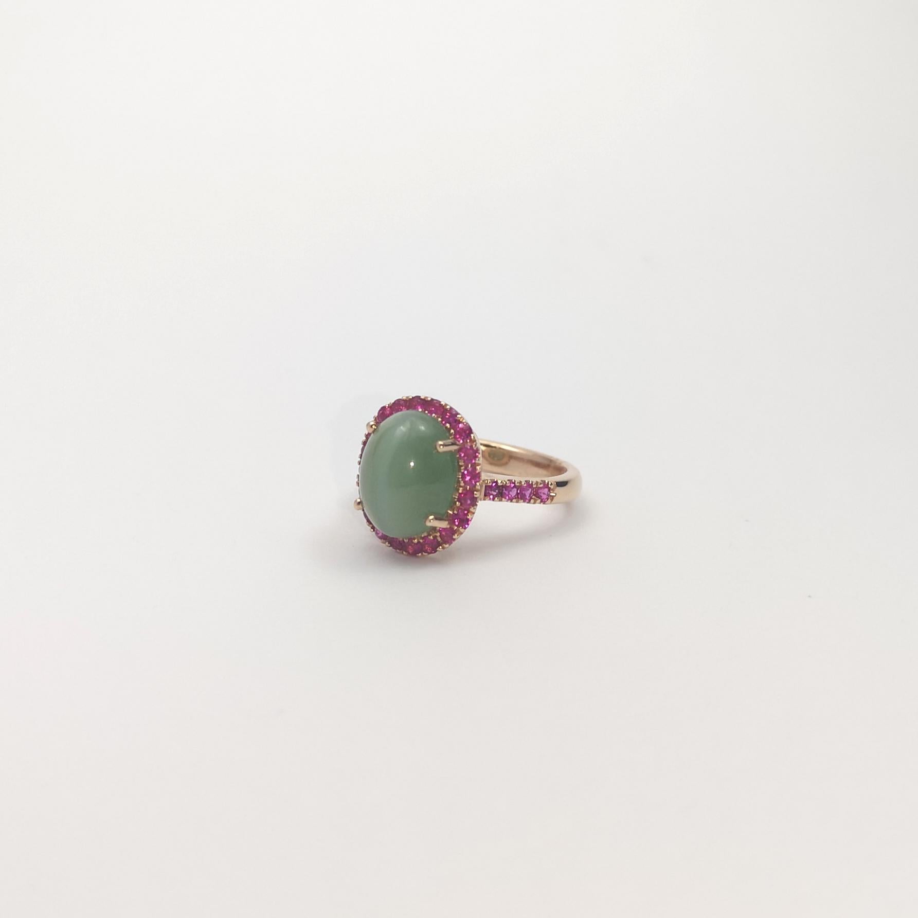Actinolite Cat's Eye with Pink Sapphire Ring set in 18K Rose Gold Settings For Sale 3