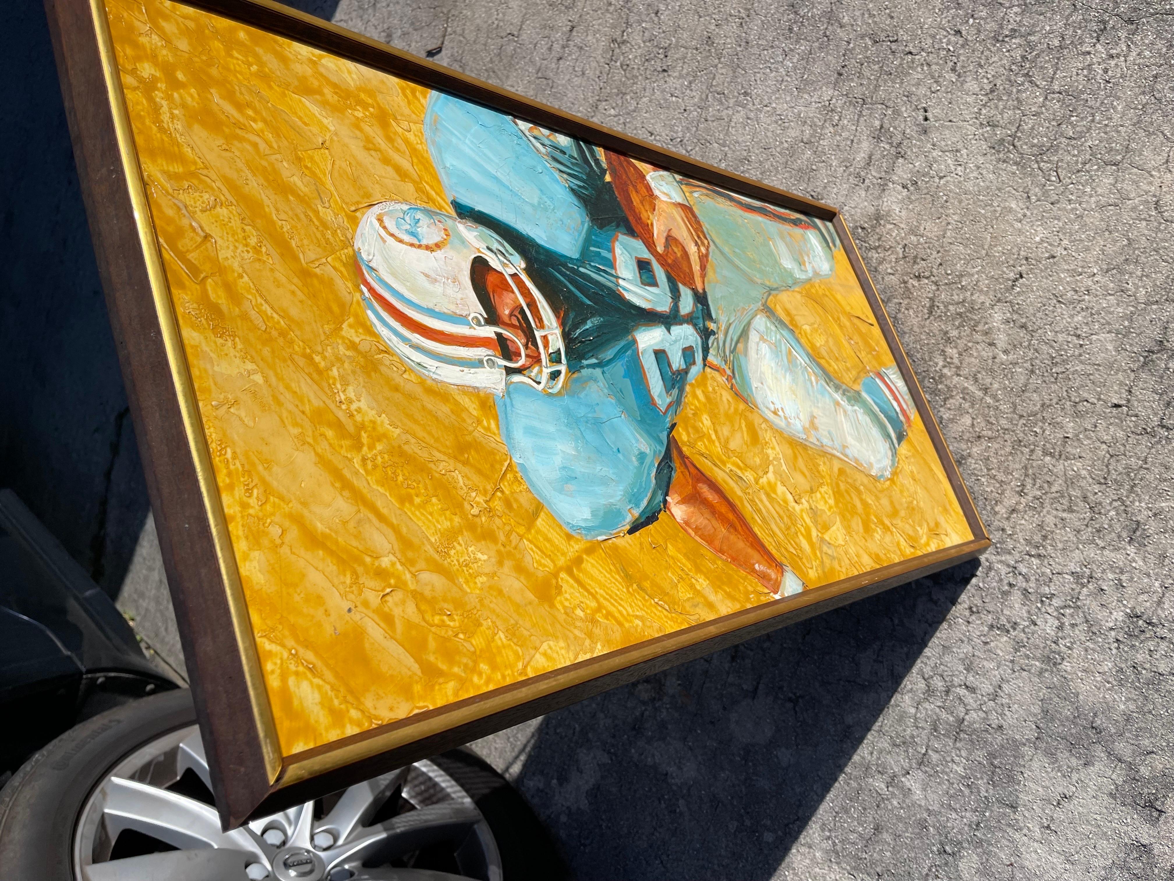 Action Portrait Larry Csonka 1972 Undefeated Miami Dolphins, Oil on Board In Good Condition For Sale In Jensen Beach, FL