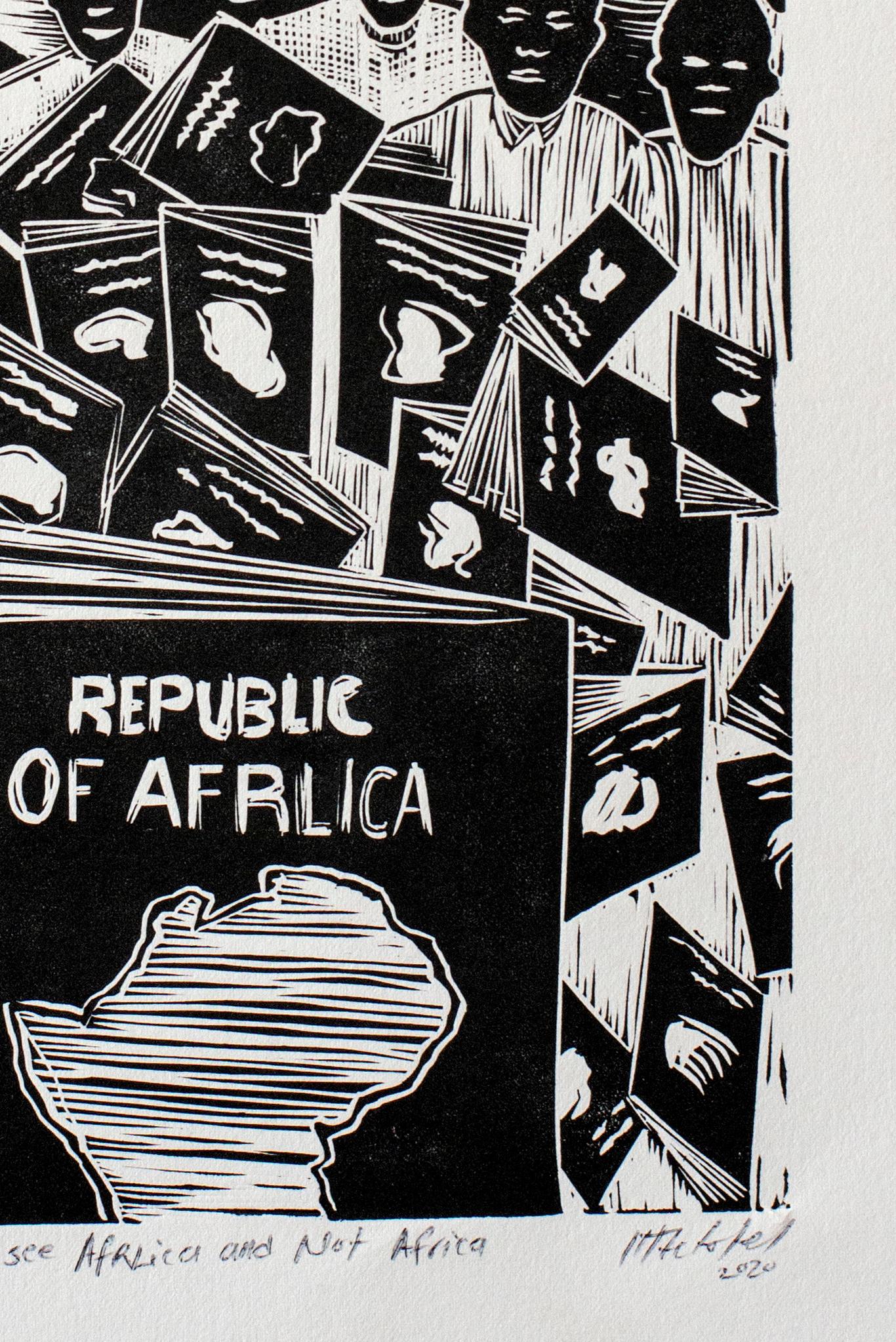 I see Afrlica and not Africa, Actofel Ilovu, Linoleum block print on frabriano - Print by Actofel Ilovu 