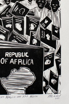 I see Afrlica and not Africa, Actofel Ilovu, Linoleum block print on frabriano
