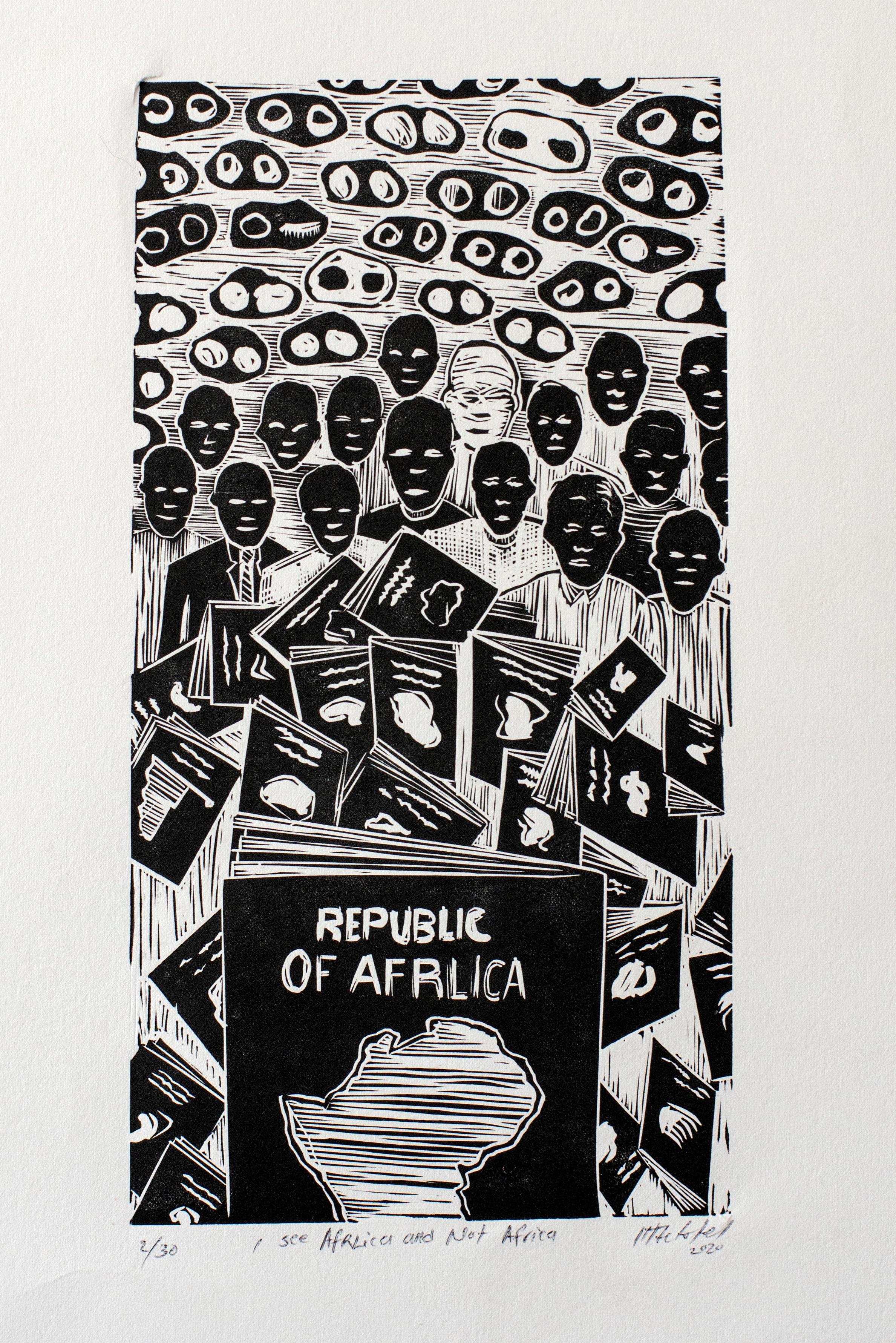 I see Afrlica and not Africa, Actofel Ilovu, Linoleum block print on frabriano - Gray Figurative Print by Actofel Ilovu 