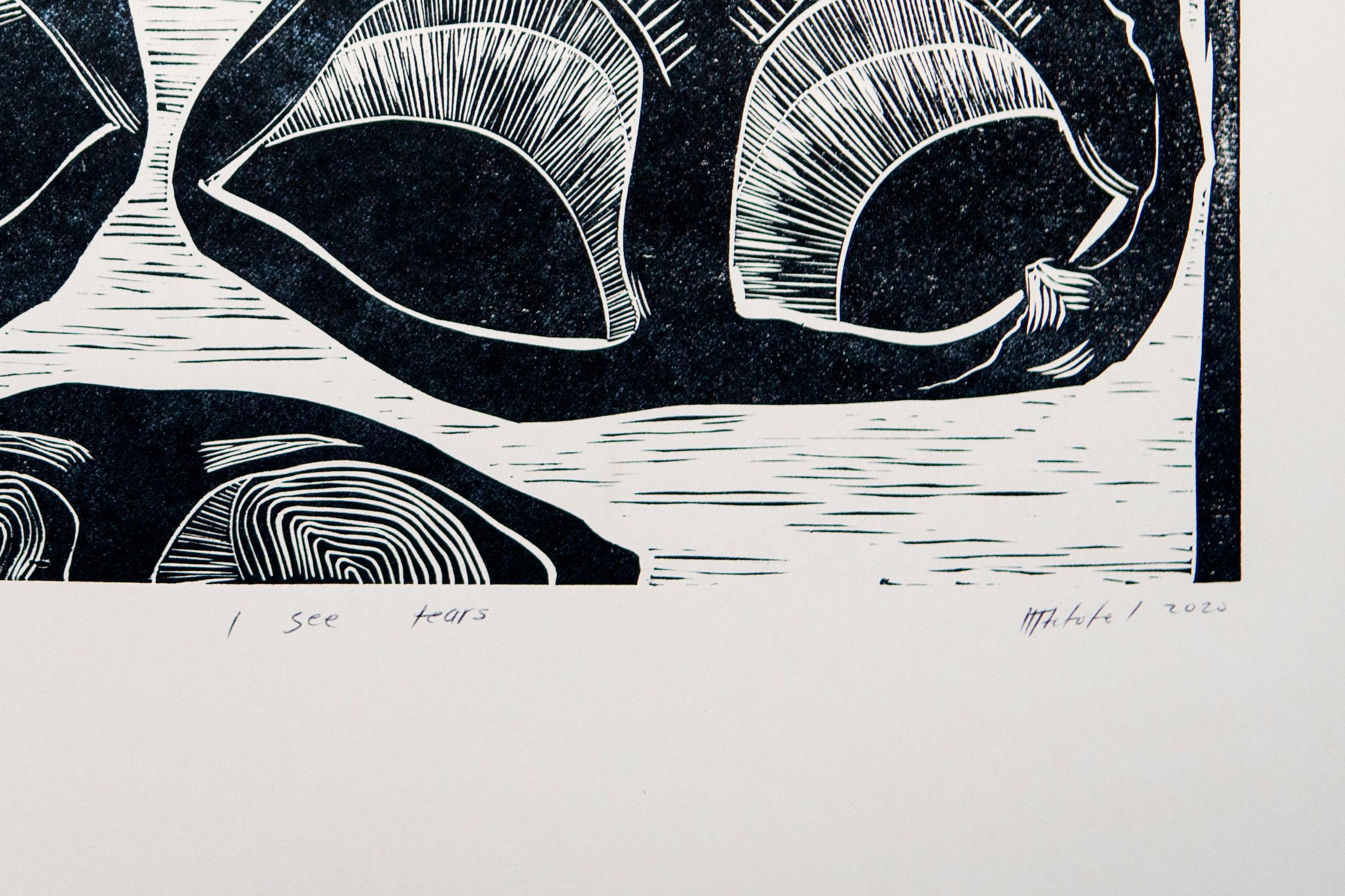 I see tears, 2020. Linoleum block print on ivory Rosaspina fabriano paper, 1/30

In the 'I see...' series, Actofel Ilovu’s latest body of prints, the artist draws on the motif of the inside of a marula fruit, which looks like two eyes. This