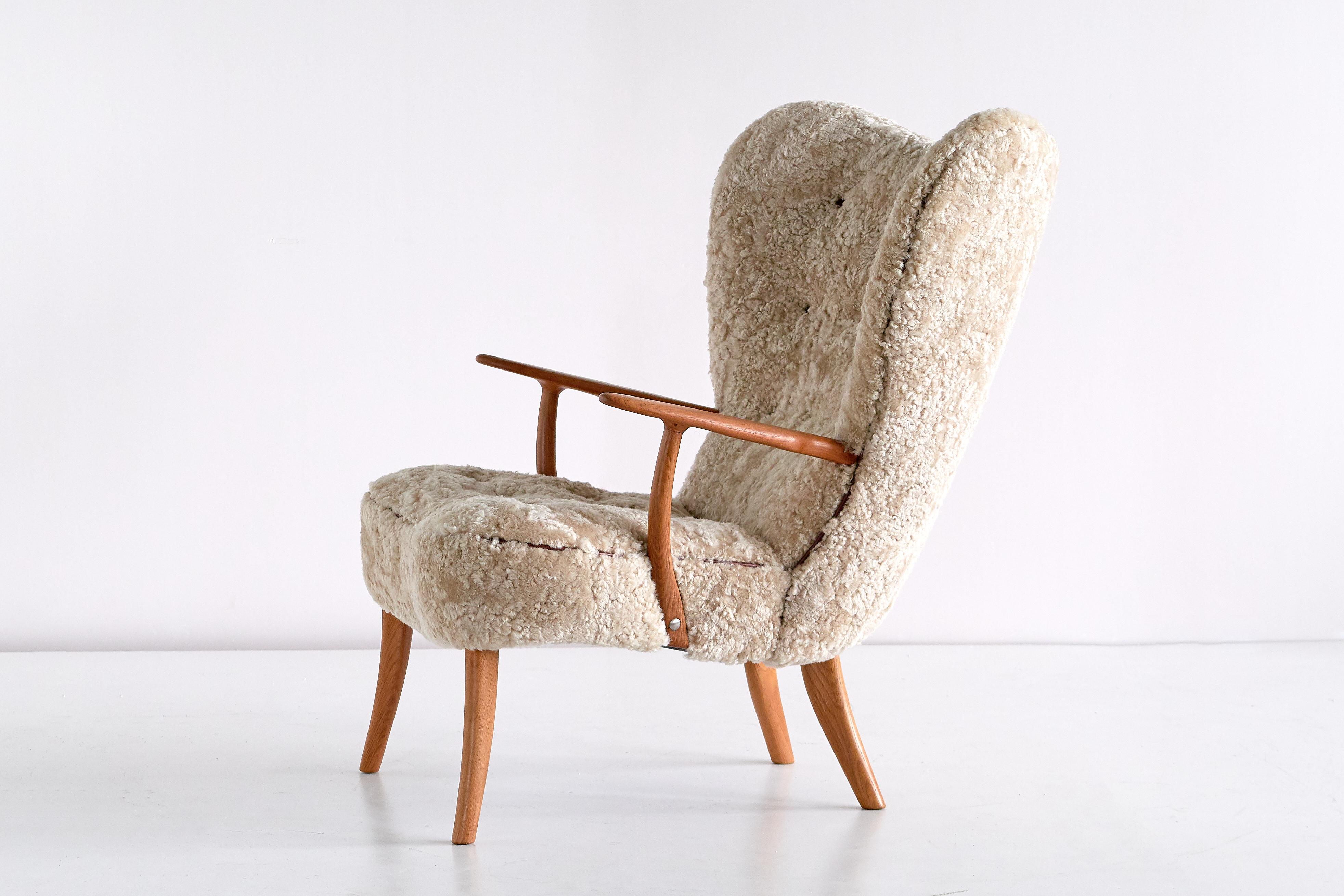 Acton Schubell & Ib Madsen 'Pragh' Wingback Chair in Sheepskin, Denmark, 1950s 4