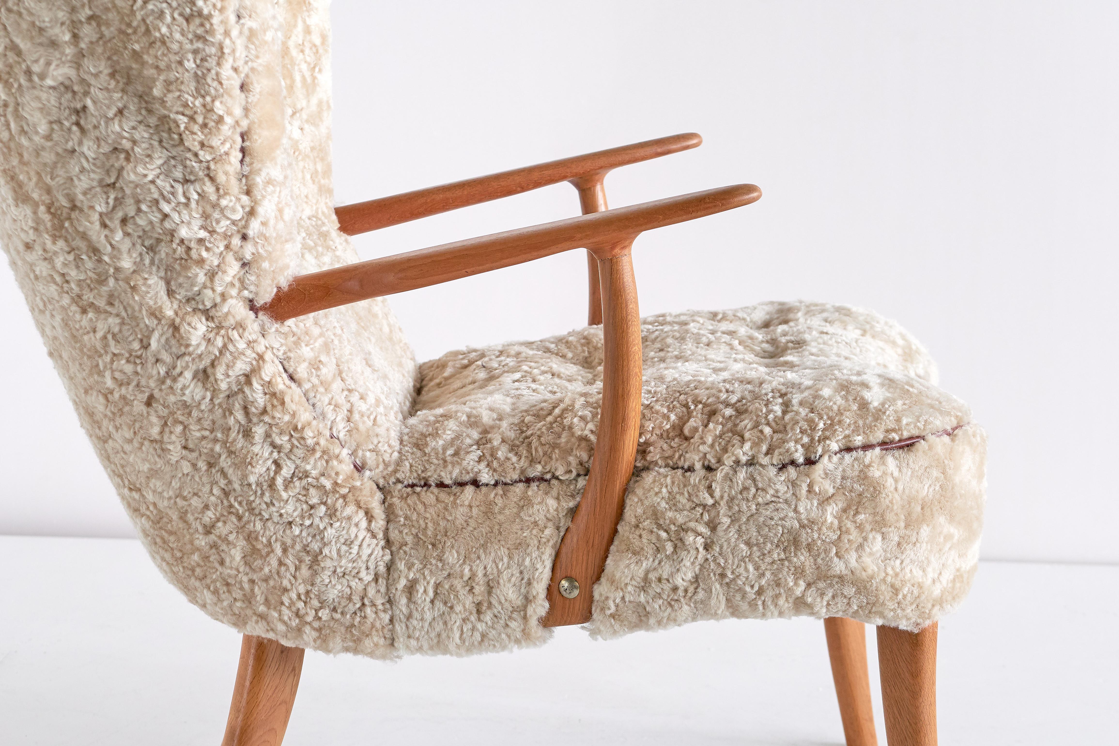 Leather Acton Schubell & Ib Madsen 'Pragh' Wingback Chair in Sheepskin, Denmark, 1950s
