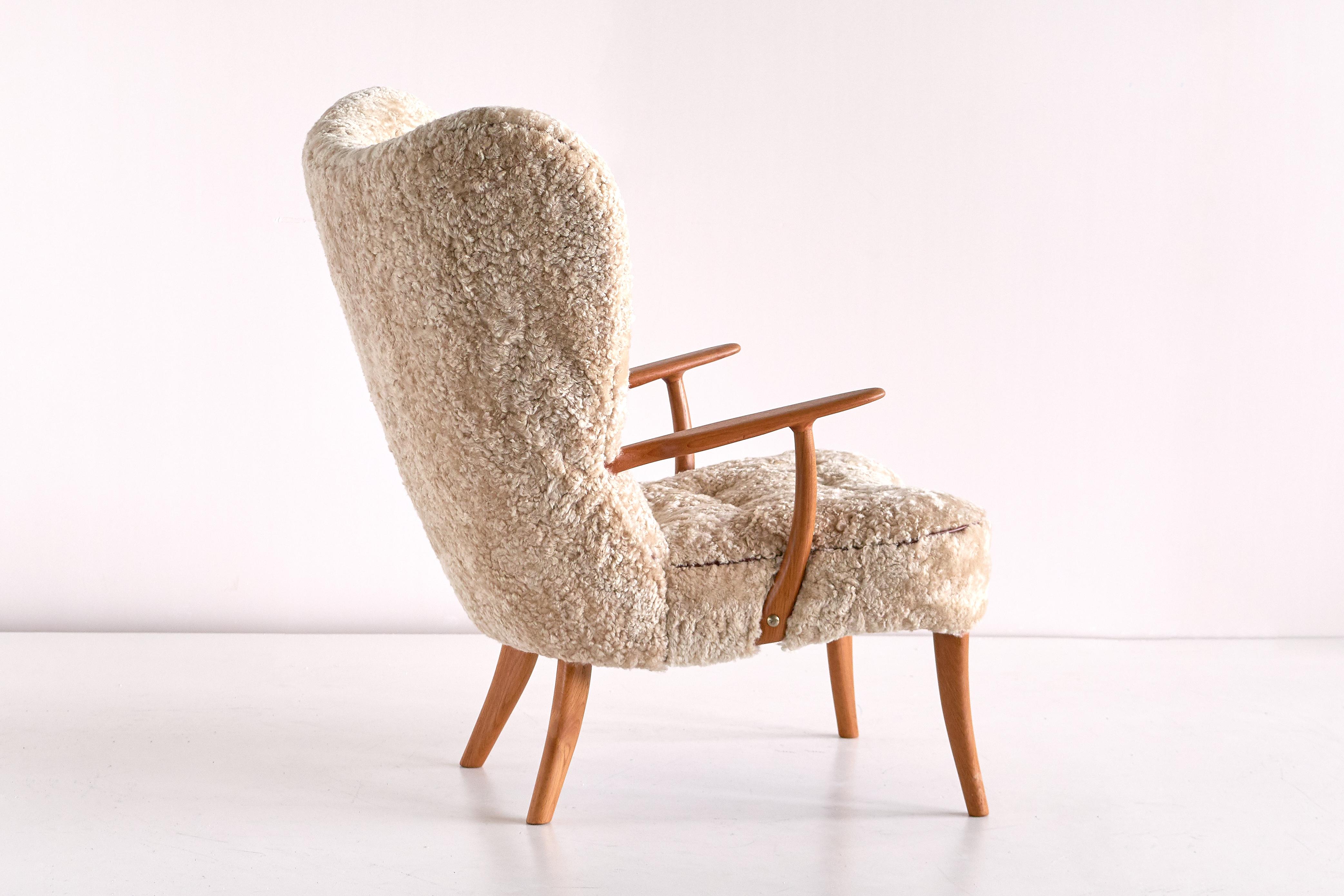 Acton Schubell & Ib Madsen 'Pragh' Wingback Chair in Sheepskin, Denmark, 1950s 1