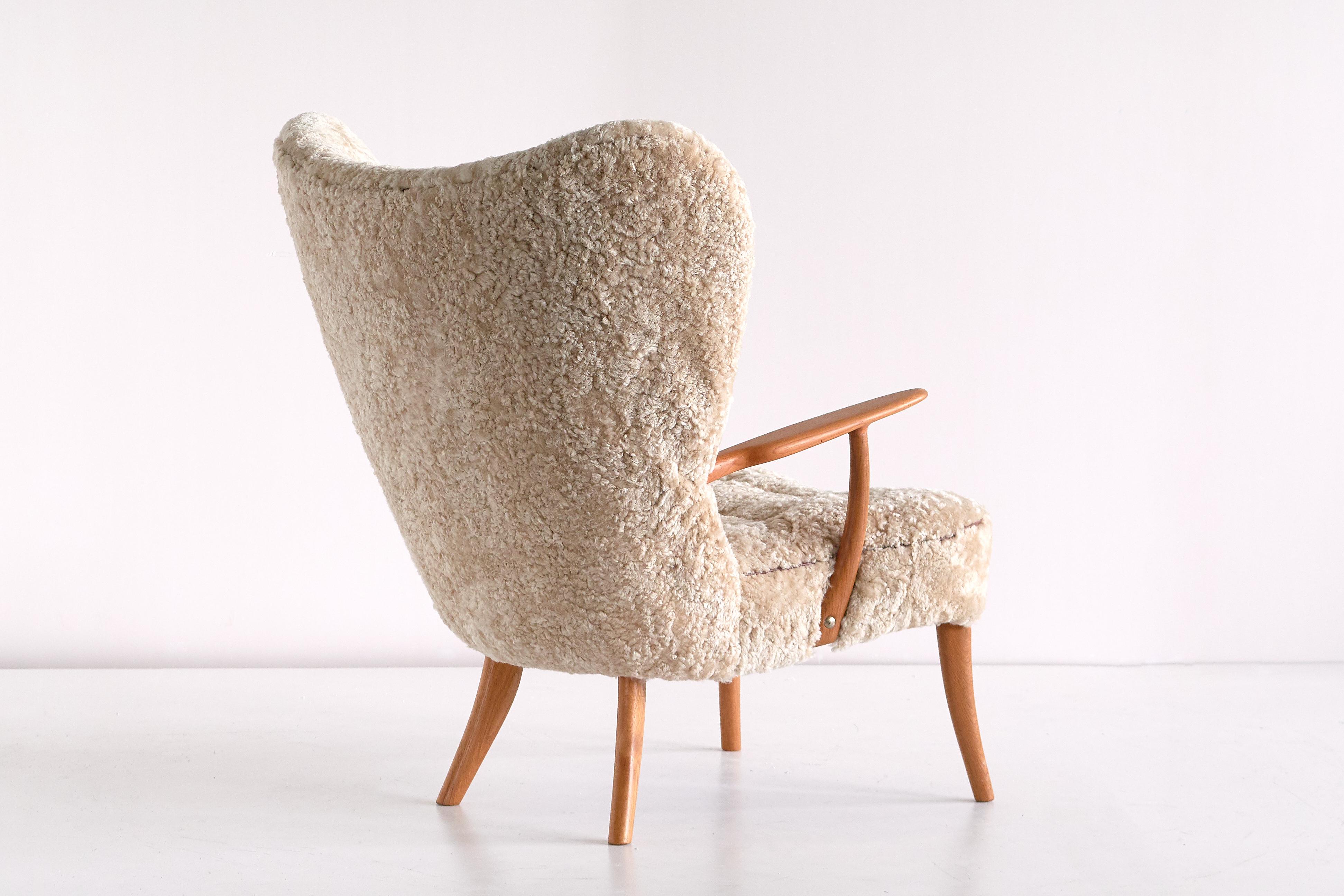 Acton Schubell & Ib Madsen 'Pragh' Wingback Chair in Sheepskin, Denmark, 1950s 2