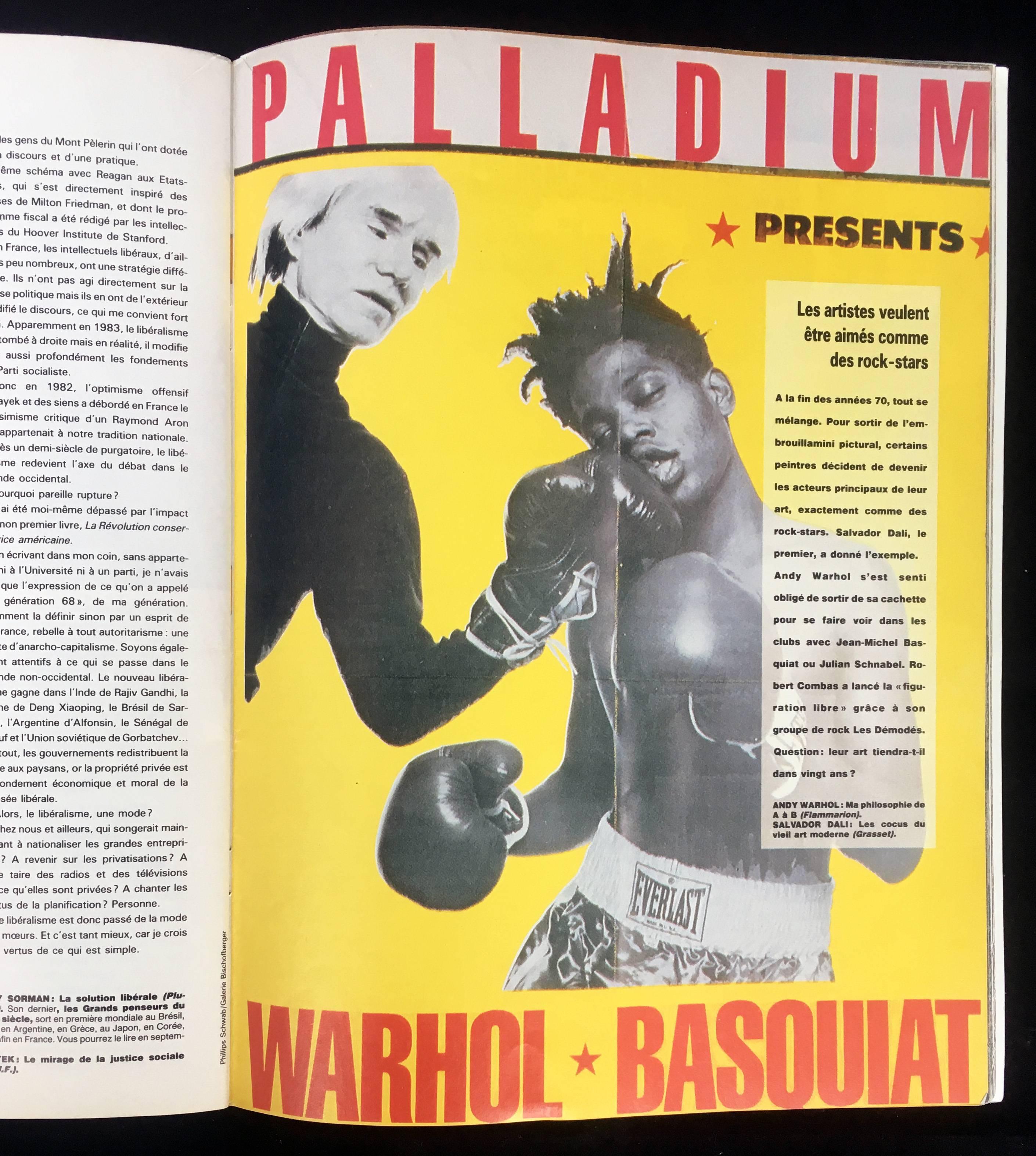 Rare vintage 1989 Actuel magazine exploring the history of the iconic Andy Warhol and Jean-Michel Basquiat collaborations poster and 1985 exhibit. Cover and interior editorial features reproductions of the iconic 1985 poster shot by Michael Halsband