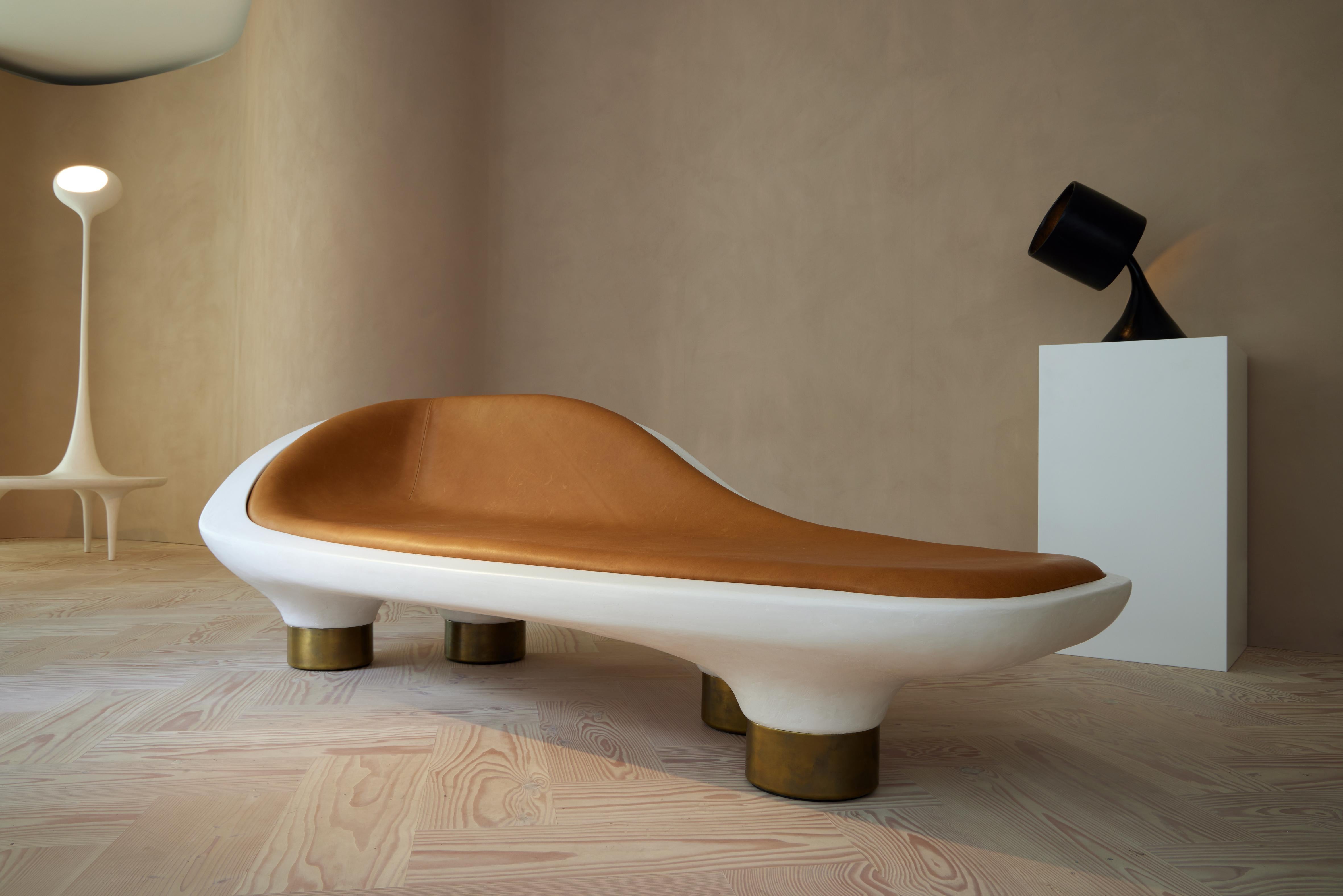 Rodriguez's hand crafted plaster, leather and brass chaise explores his fascination with the French fainting couch. The uniquely specific and contemplative nature of such a piece of furniture, highlights personal engagement focussing on the sole