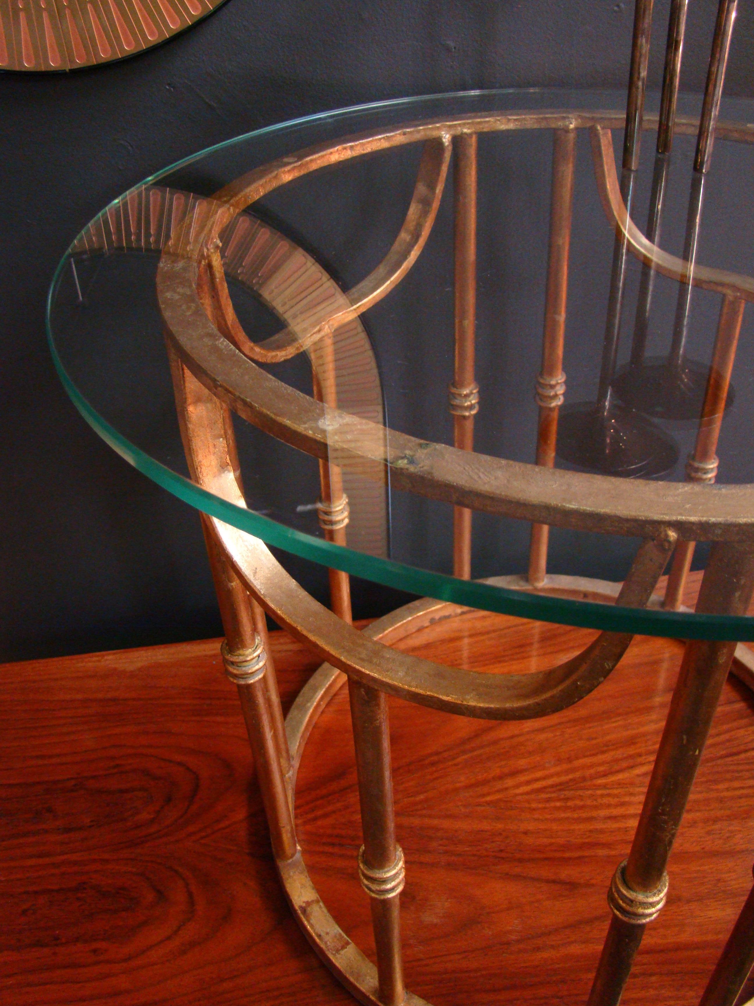 Metal Aculpulco Style Gold Gilded Iron and Glass Side Table Attributed to Arturo Pani For Sale