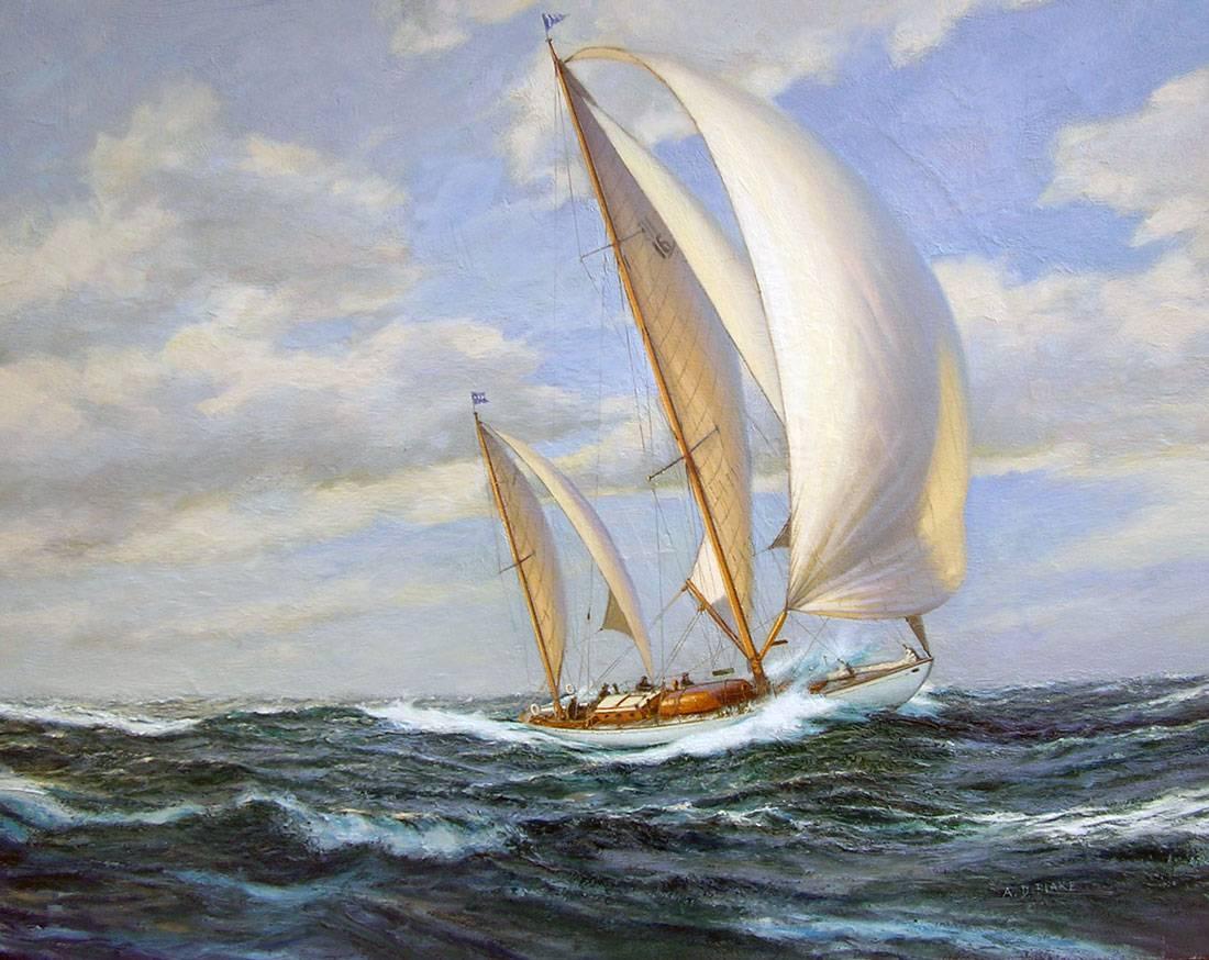 A.D. Blake Landscape Painting - Yacht "Bolero" Off St. David's Light, Bermuda