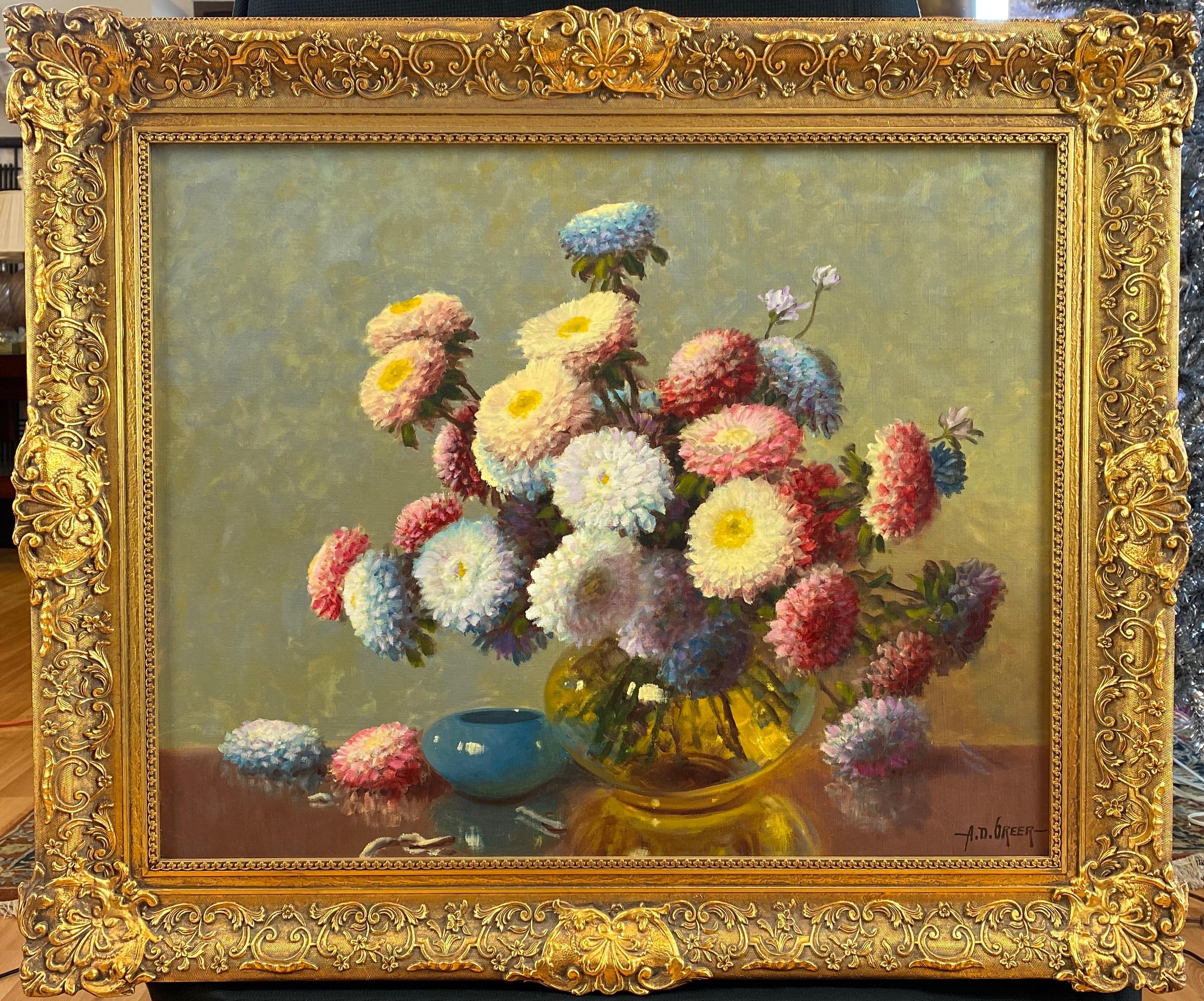 A large and lovely 1940s floral still life oil painting on canvas titled 