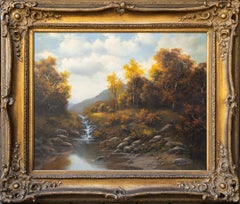 "Autumn Landscape", Sunset Landscape Scene of Creek in Autumn Waterfall Forest