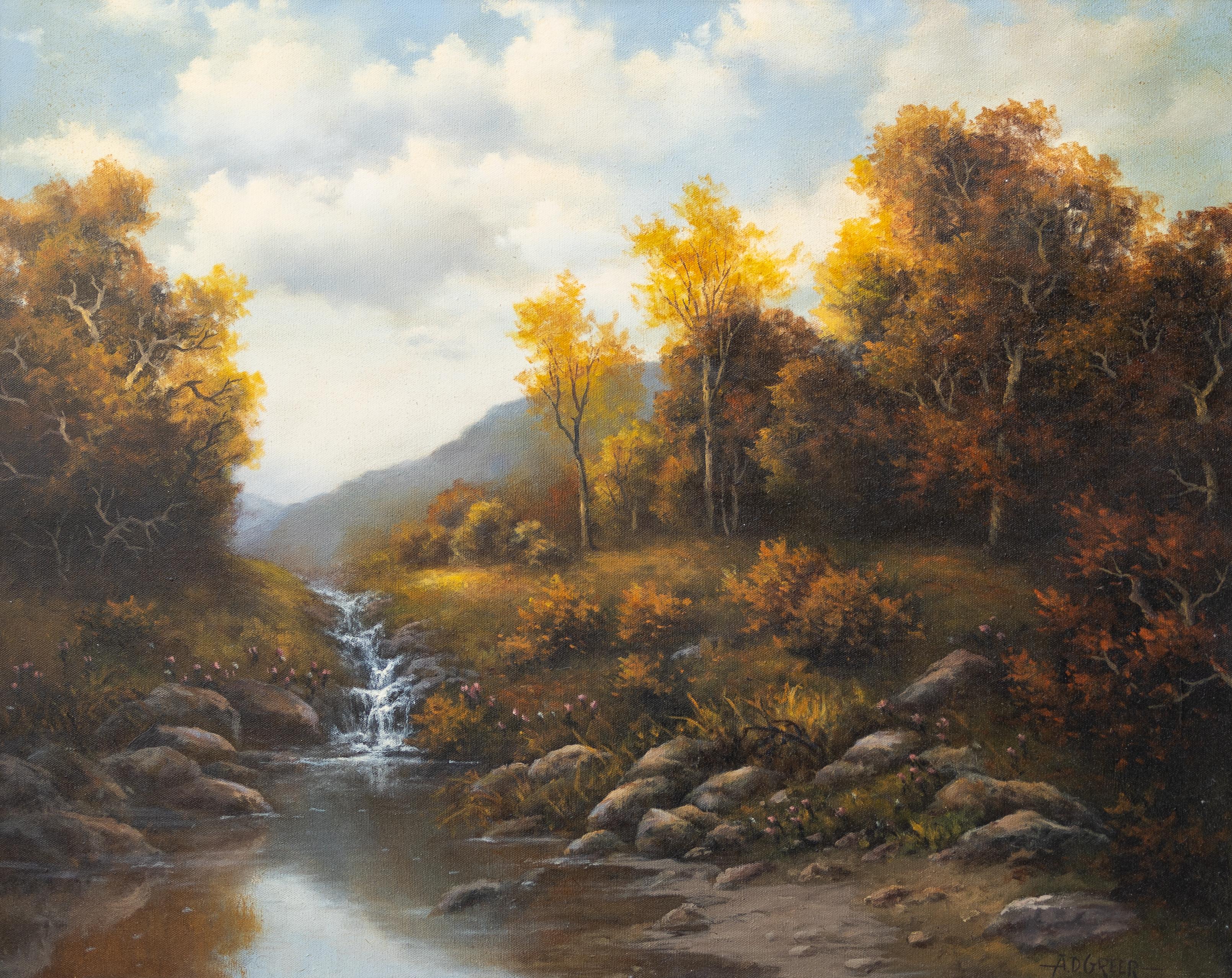 A.D. Greer Landscape Painting - "Autumn Landscape", Sunset Landscape Scene of Creek in Autumn