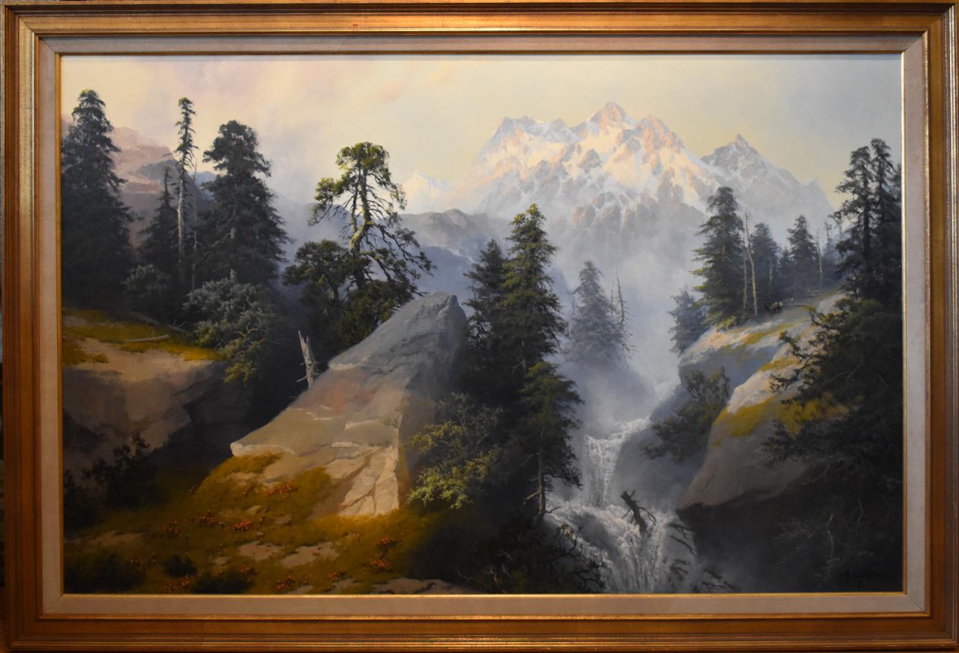 A.D. Greer Landscape Painting - "BIG FALLS" COLORADO, MONTANA, UTAH, WASHINGTON 51 X 75 FRAMED A.D. GREER