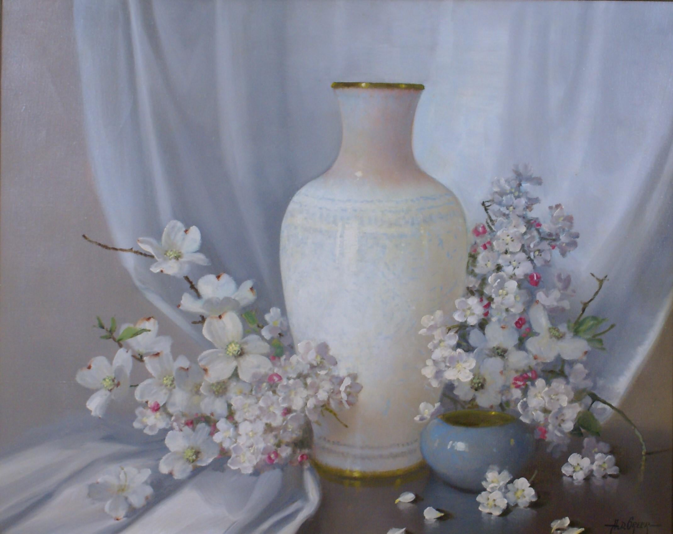 Floral Still Life of Dogwood and Cherry Blossoms - Painting by A.D. Greer