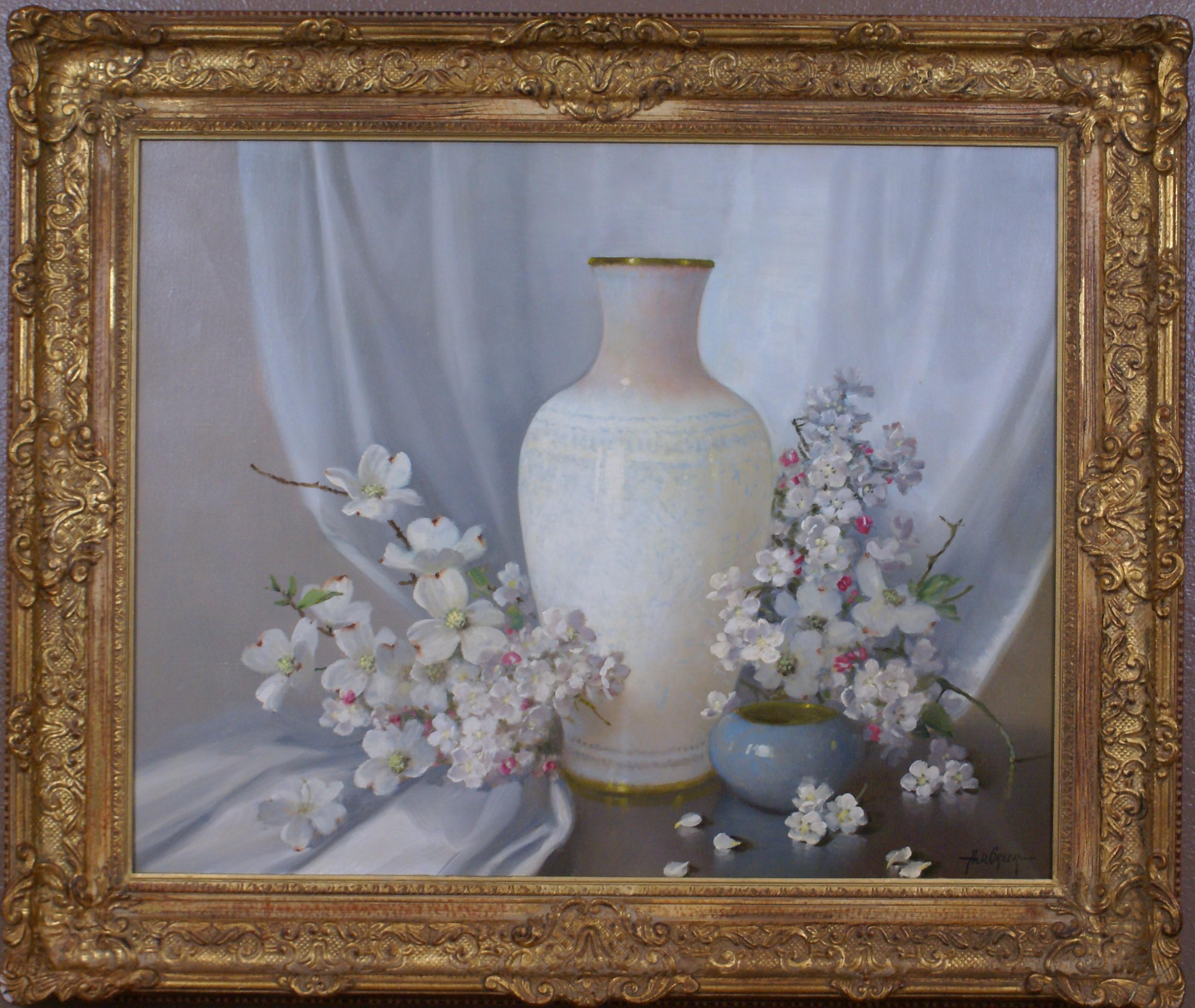 A.D. Greer Still-Life Painting - Floral Still Life of Dogwood and Cherry Blossoms