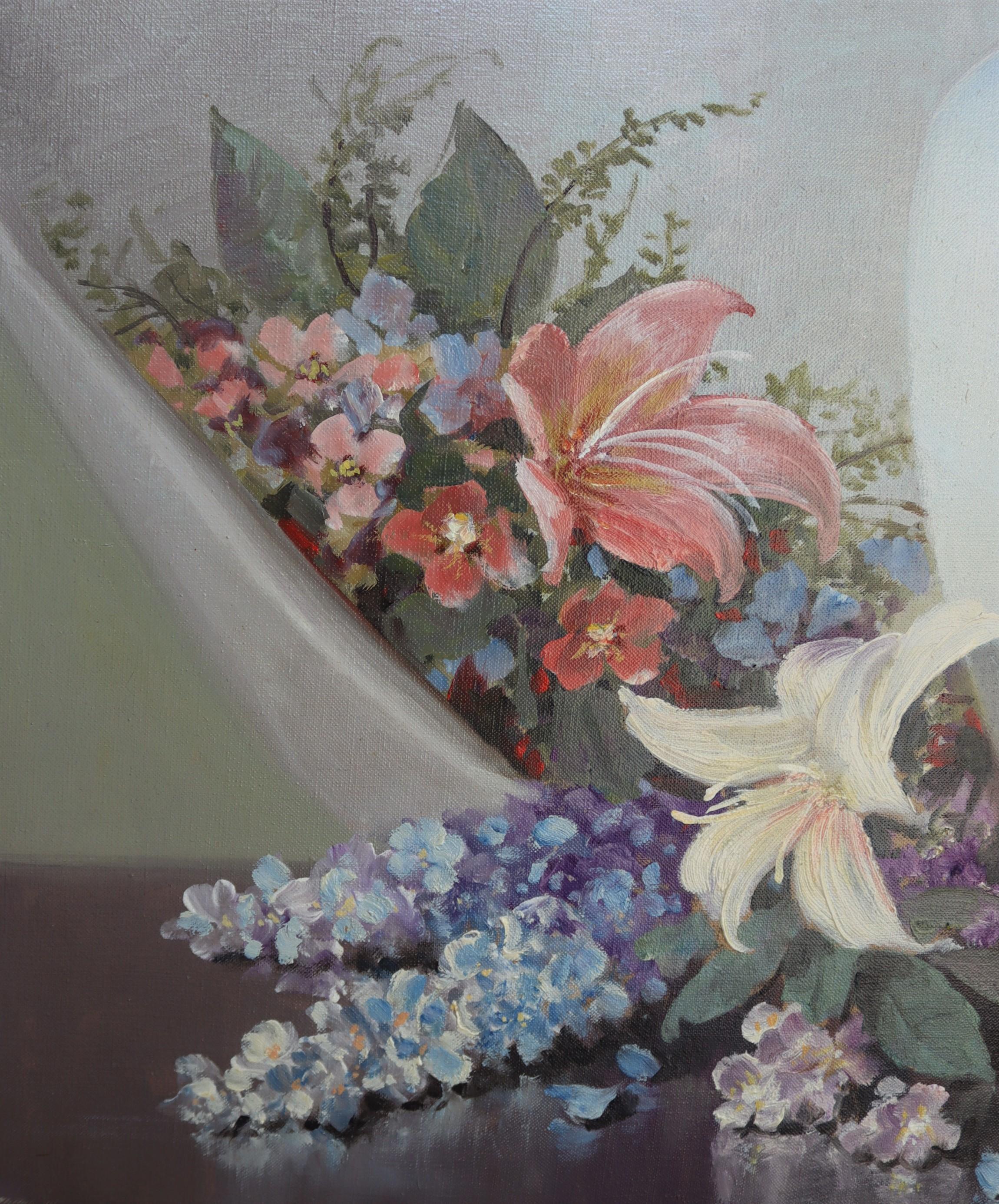 Floral Still-life with Light Blue Vase - Painting by A.D. Greer