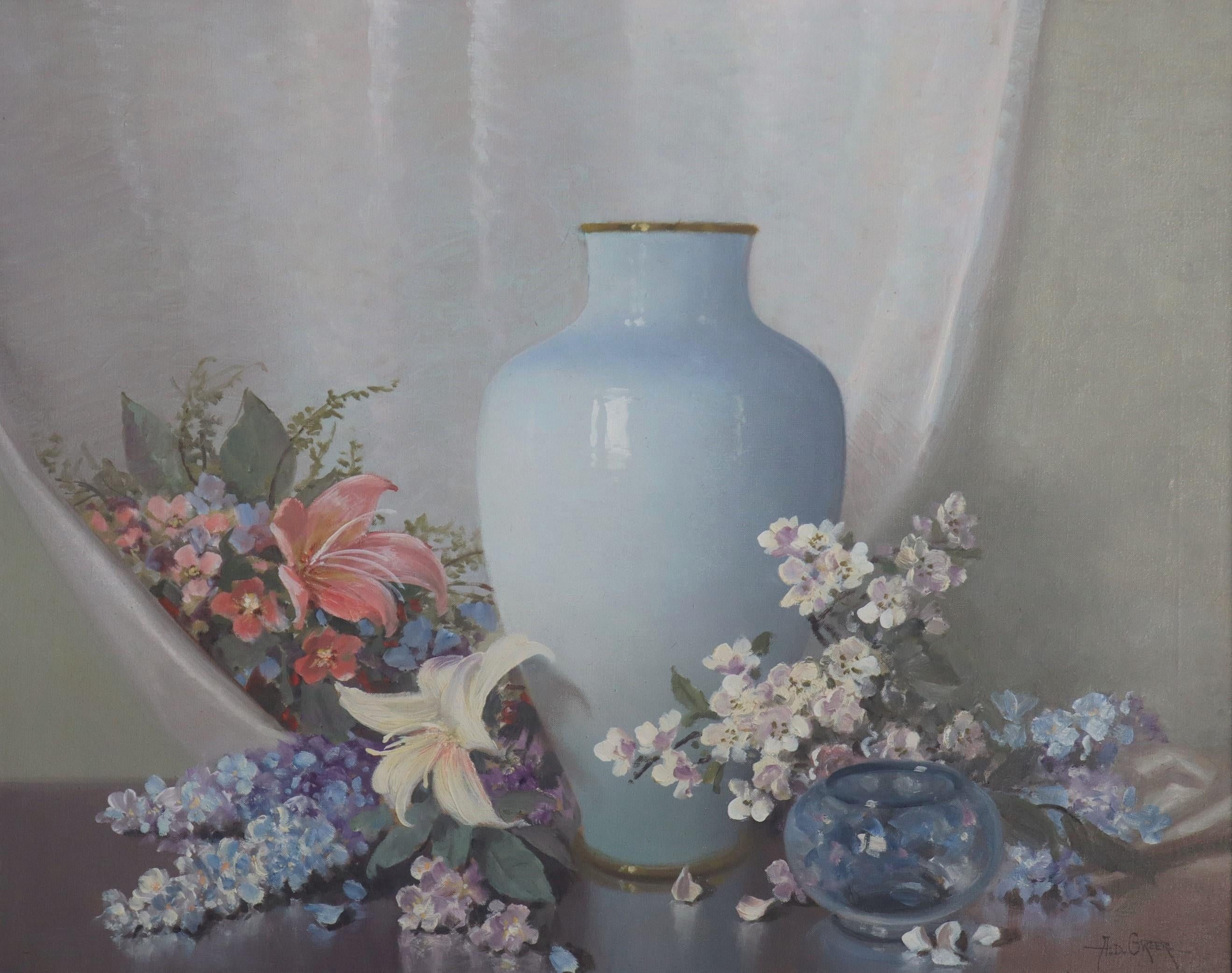 A.D. Greer Still-Life Painting - Floral Still-life with Light Blue Vase