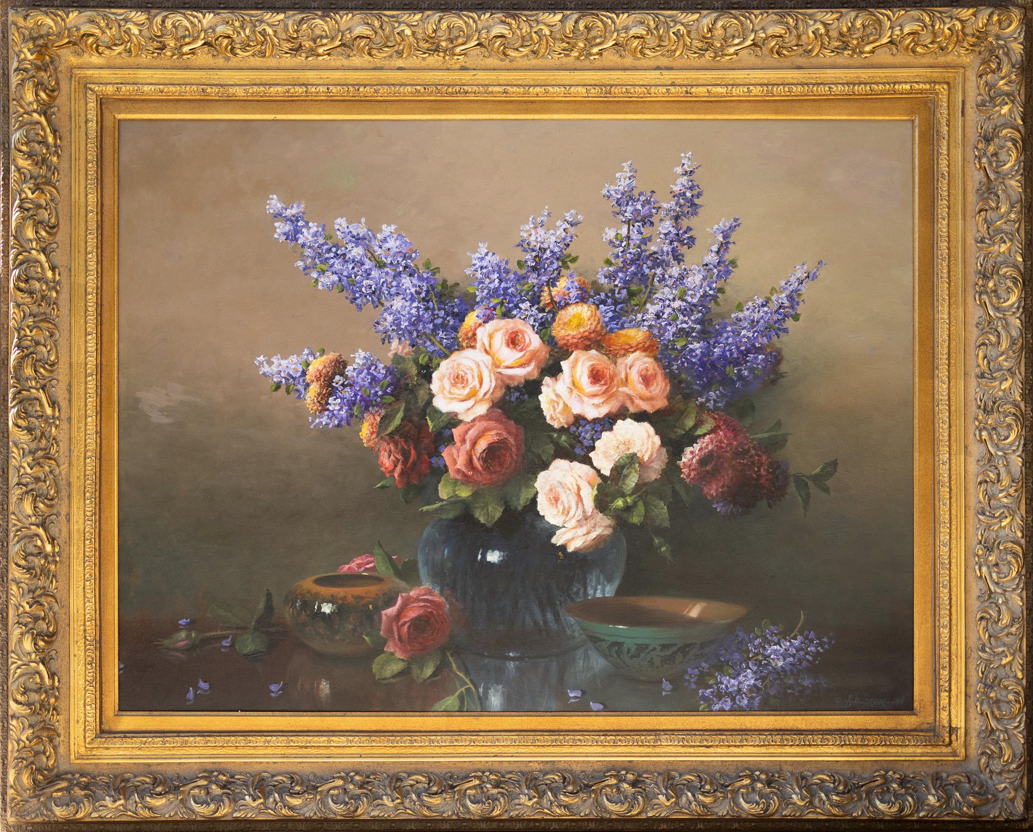 Nature morte florale avec roses, lilas et zinnias - Réalisme américain Painting par A.D. Greer