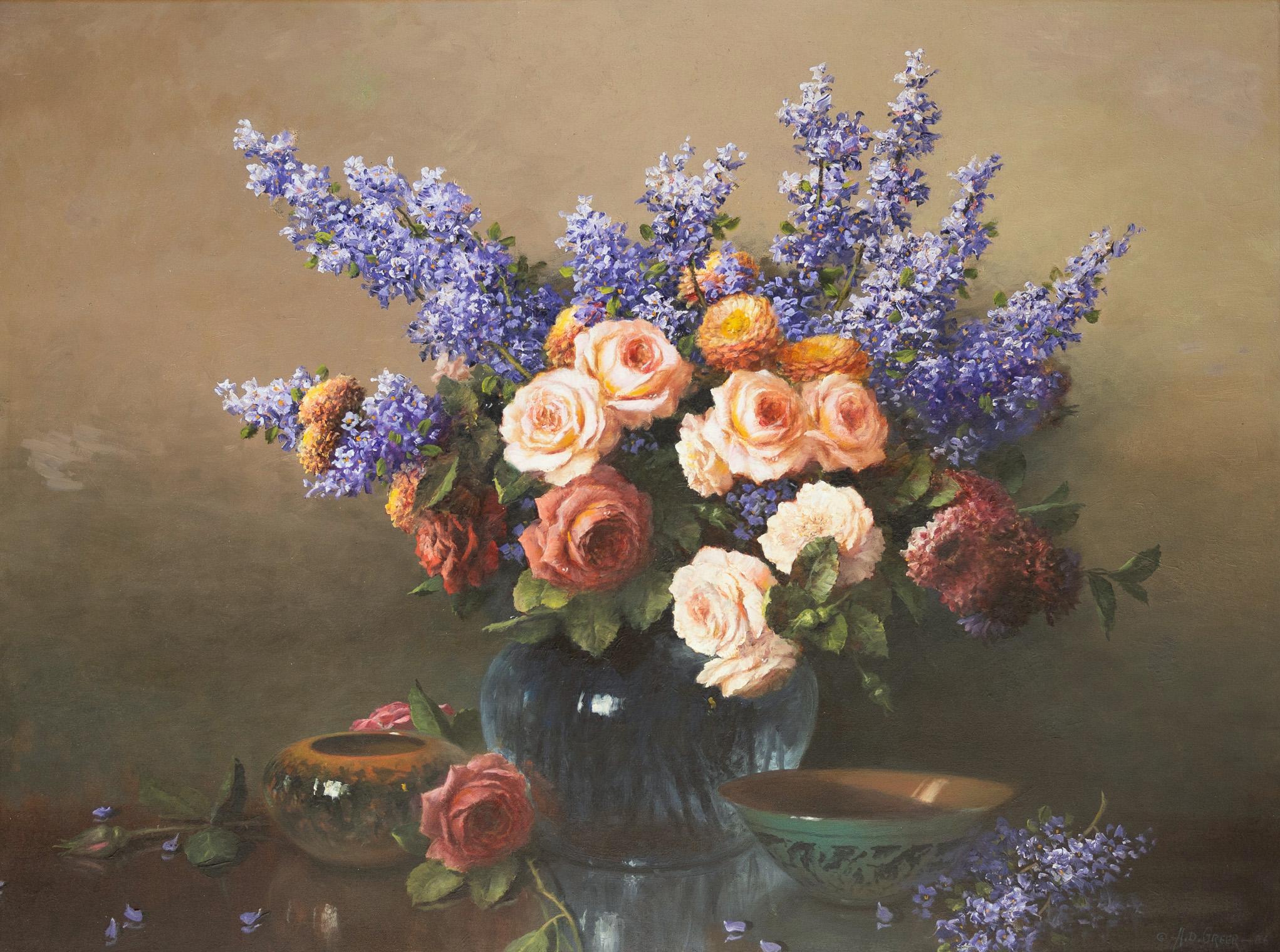 Blumenstillleben mit Rosen, Fliedern und Zinnien – Painting von A.D. Greer