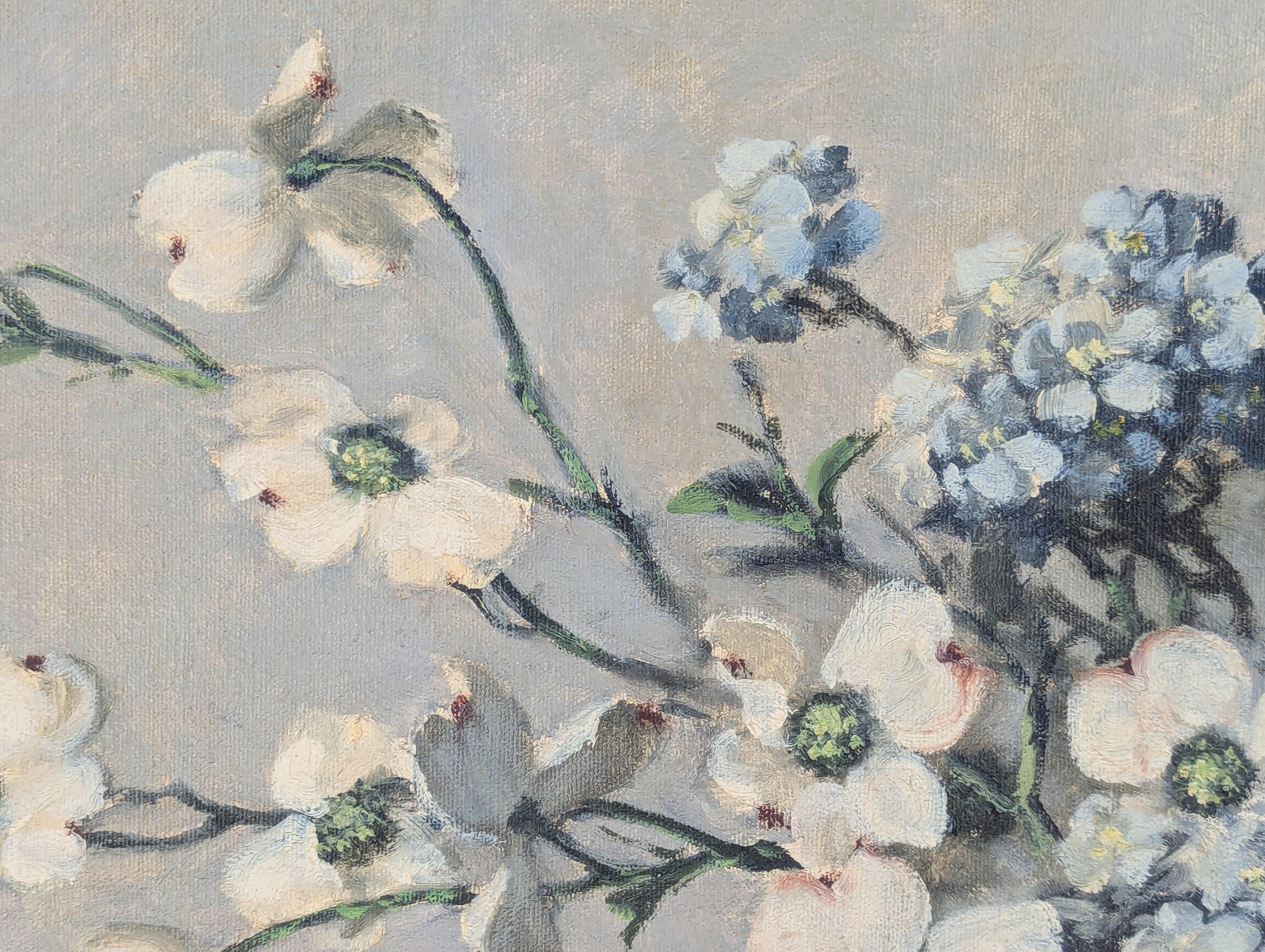 Green and White Realistic Dogwood Blossom Floral Interior Still Life Painting 7