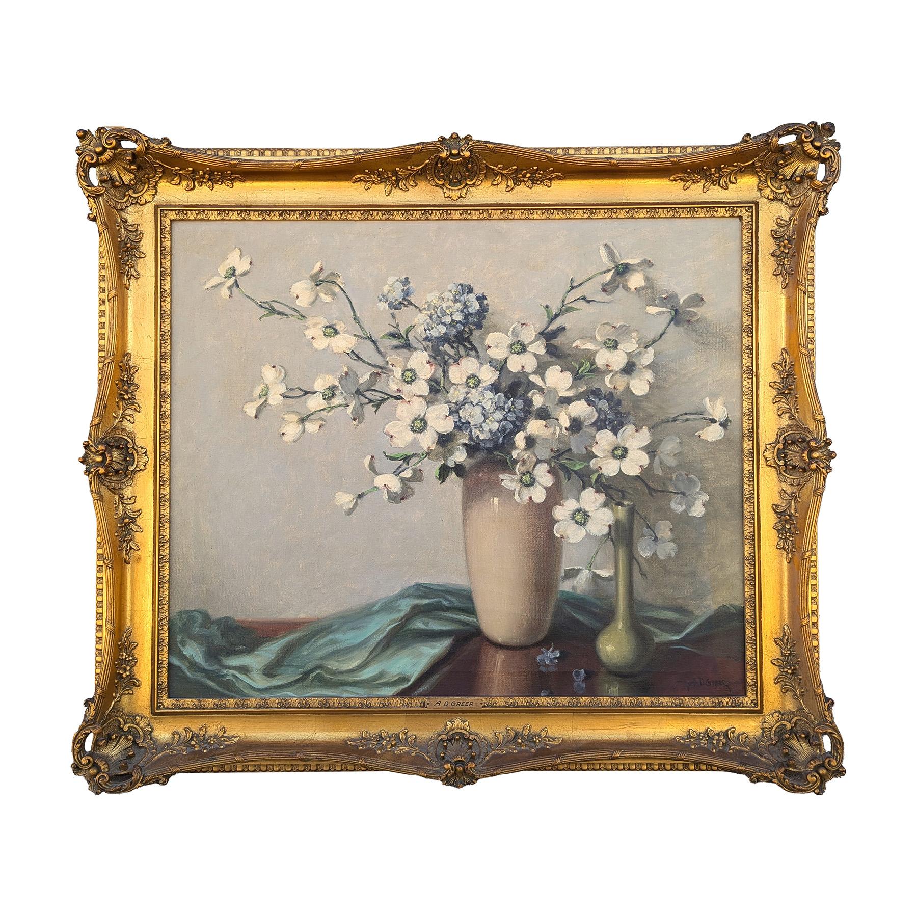 Green and White Realistic Dogwood Blossom Floral Interior Still Life Painting - Brown Interior Painting by A.D. Greer