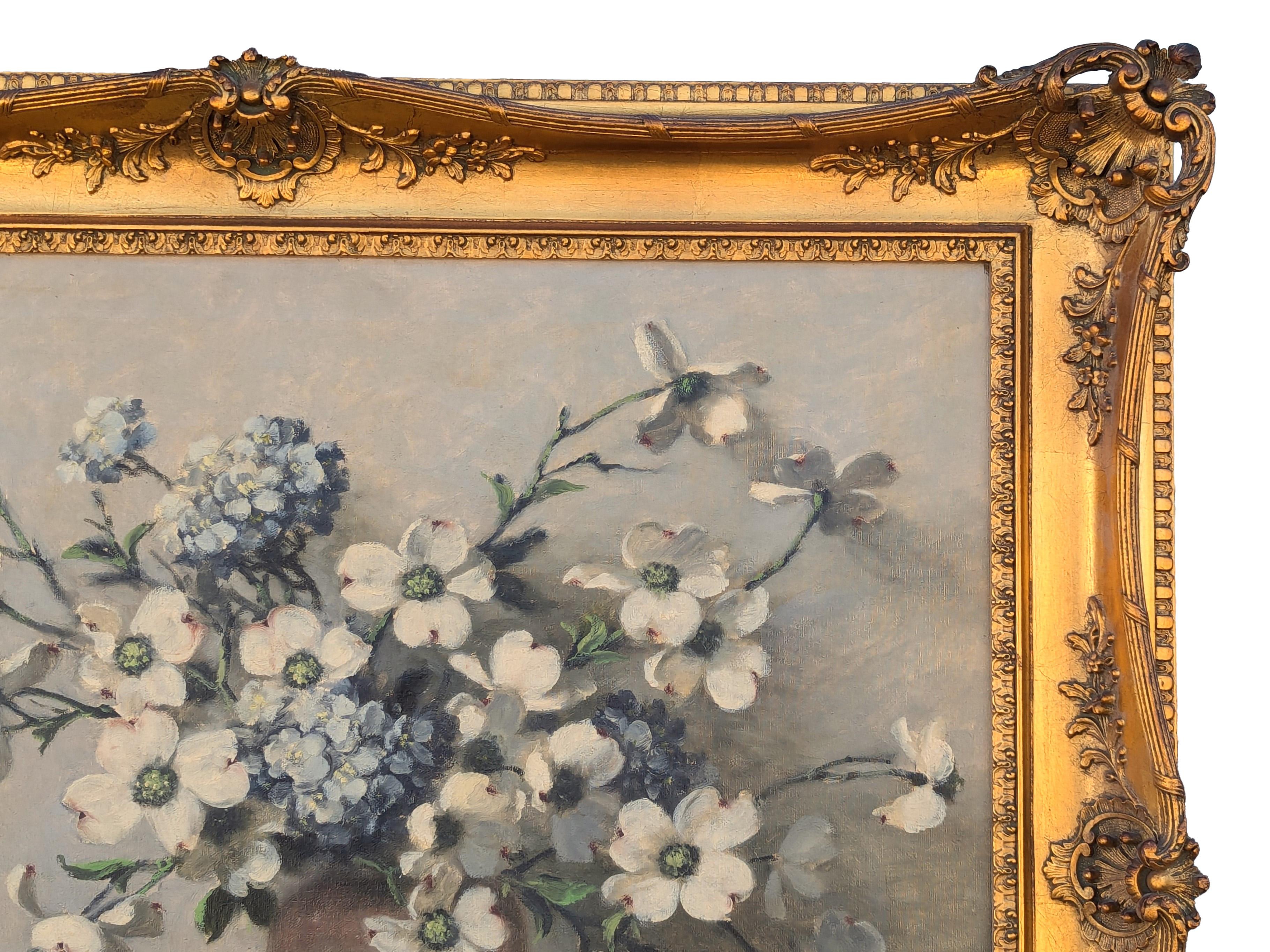 Green and White Realistic Dogwood Blossom Floral Interior Still Life Painting 1