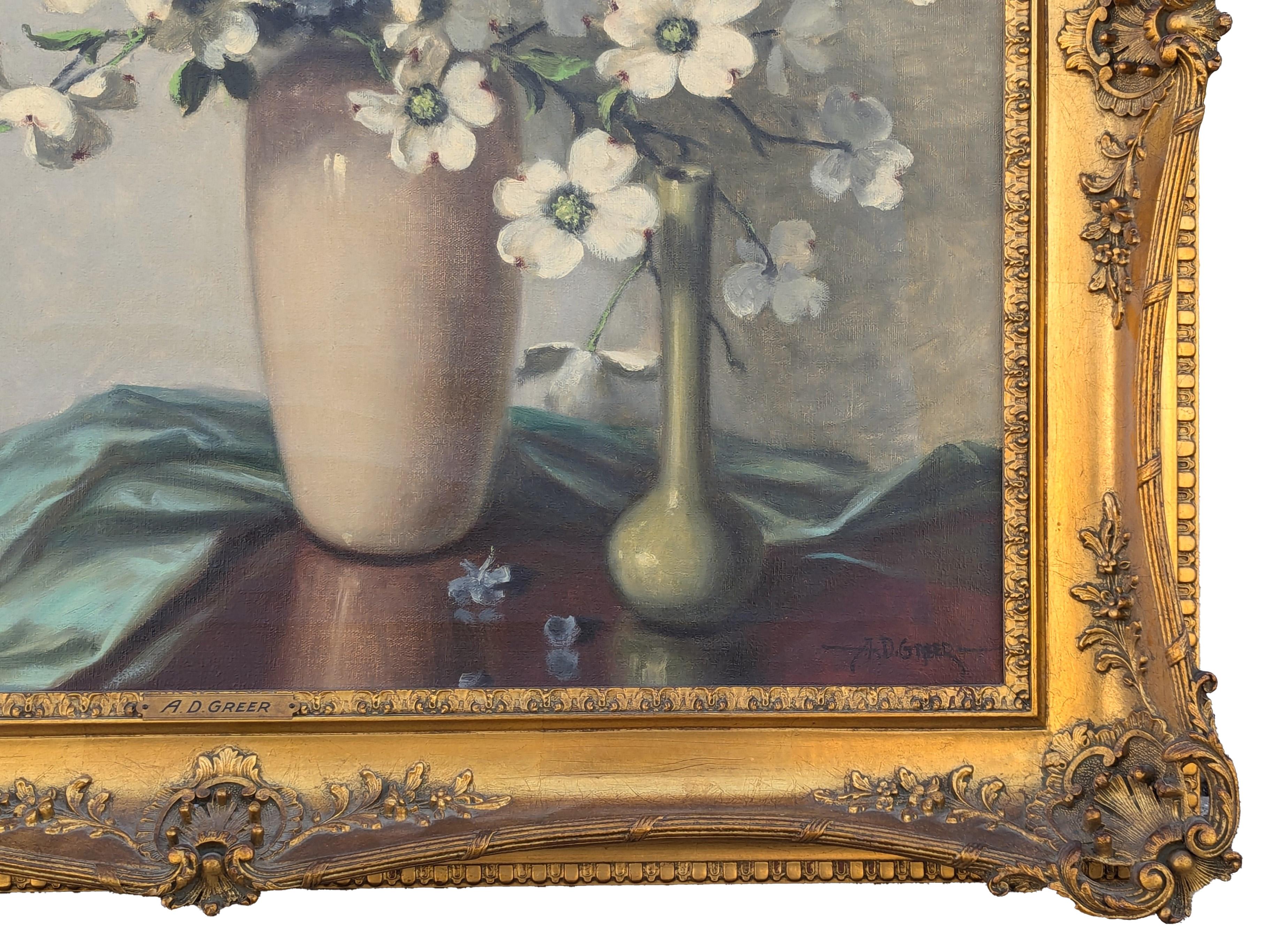 Green and White Realistic Dogwood Blossom Floral Interior Still Life Painting 2