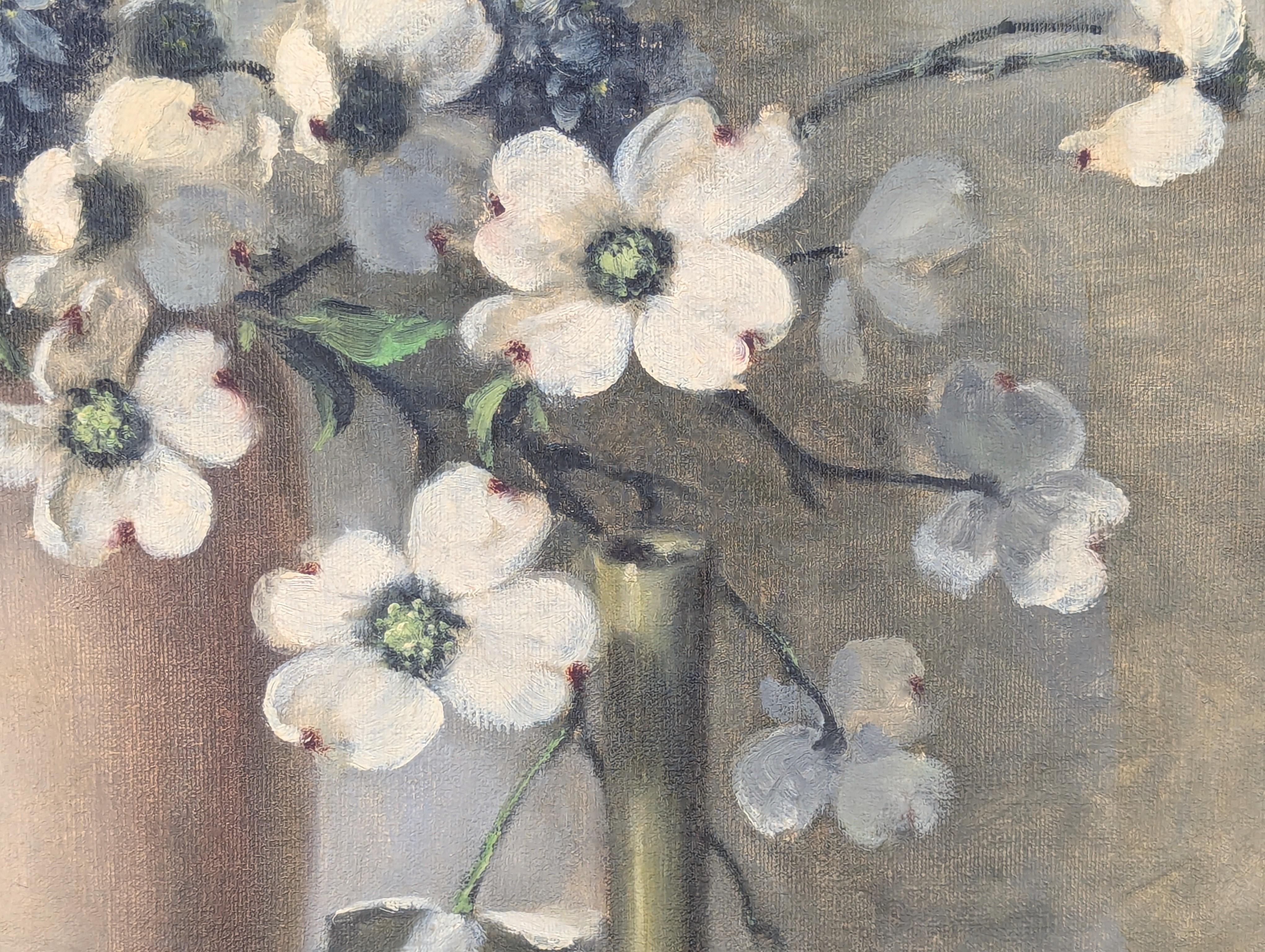 Green and White Realistic Dogwood Blossom Floral Interior Still Life Painting 5