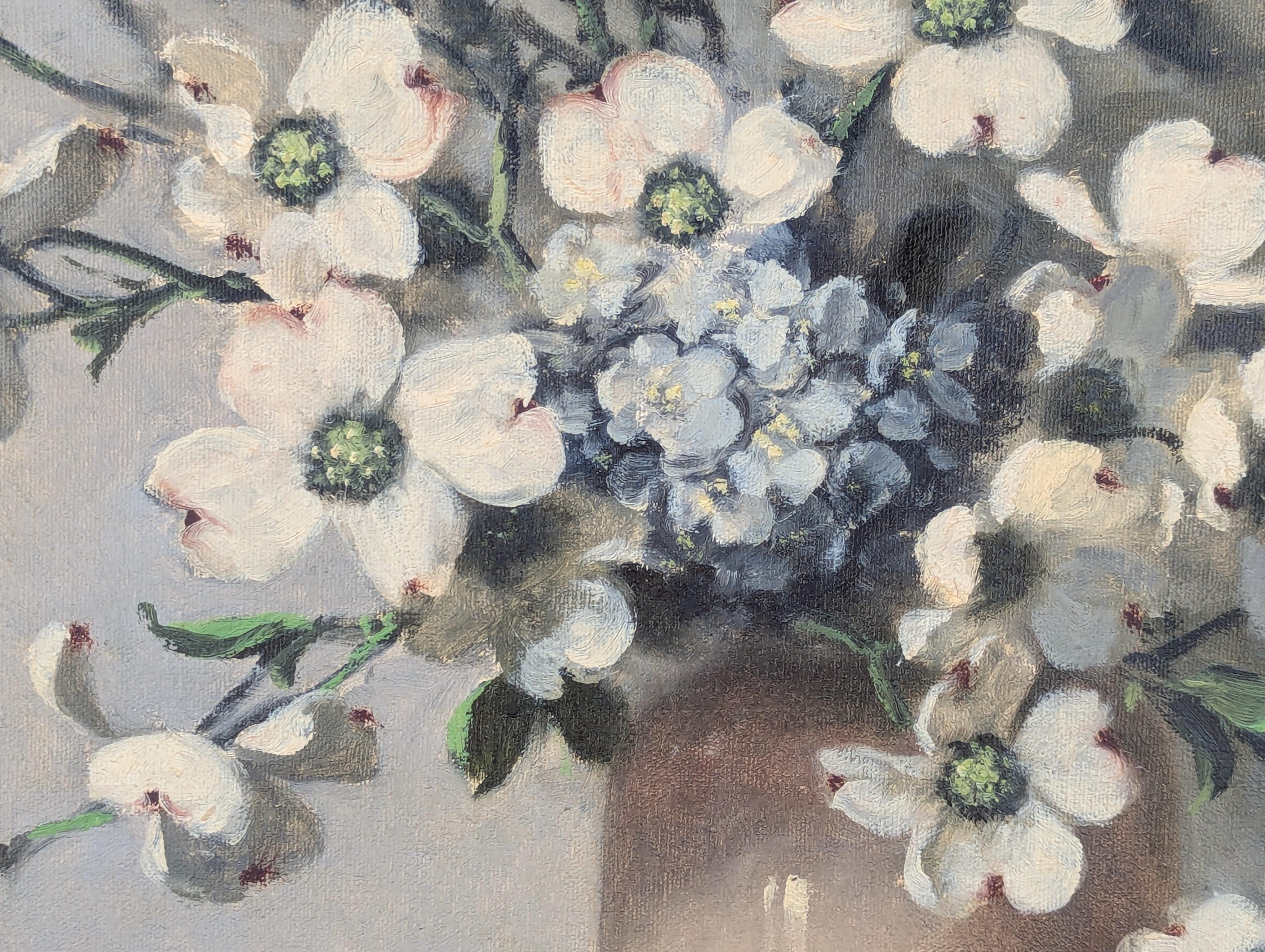 Green and White Realistic Dogwood Blossom Floral Interior Still Life Painting 6
