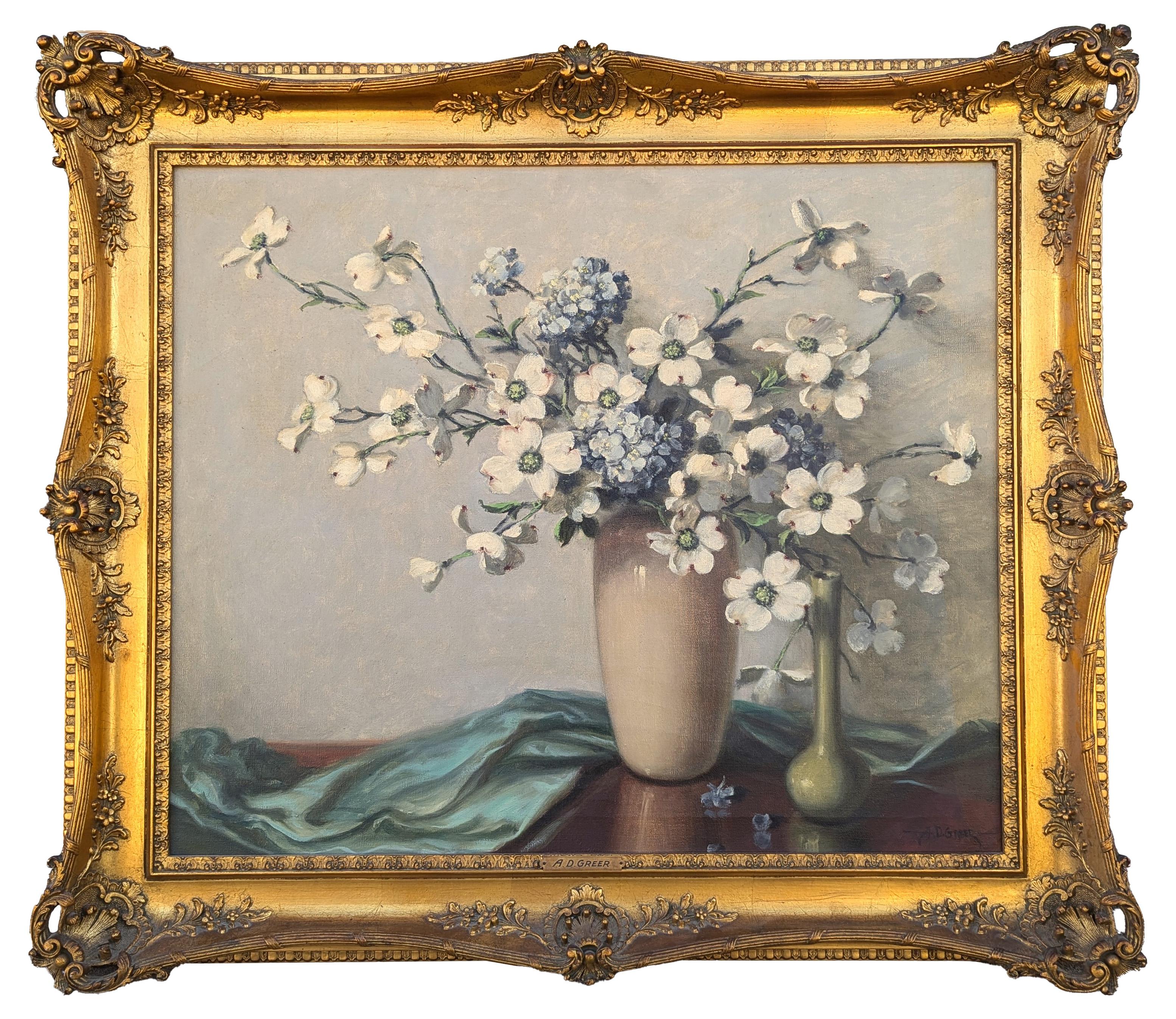 A.D. Greer Interior Painting - Green and White Realistic Dogwood Blossom Floral Interior Still Life Painting
