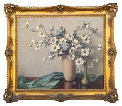 Green and White Realistic Dogwood Blossom Floral Interior Still Life Painting