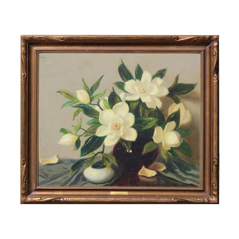 Green and White Realistic Magnolia Flowers Interior Still Life - Painting by A.D. Greer