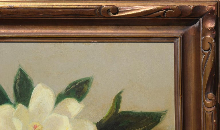 Green and White Realistic Magnolia Flowers Interior Still Life - Brown Figurative Painting by A.D. Greer