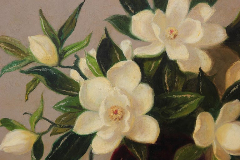 Green and White Realistic Magnolia Flowers Interior Still Life For Sale 3